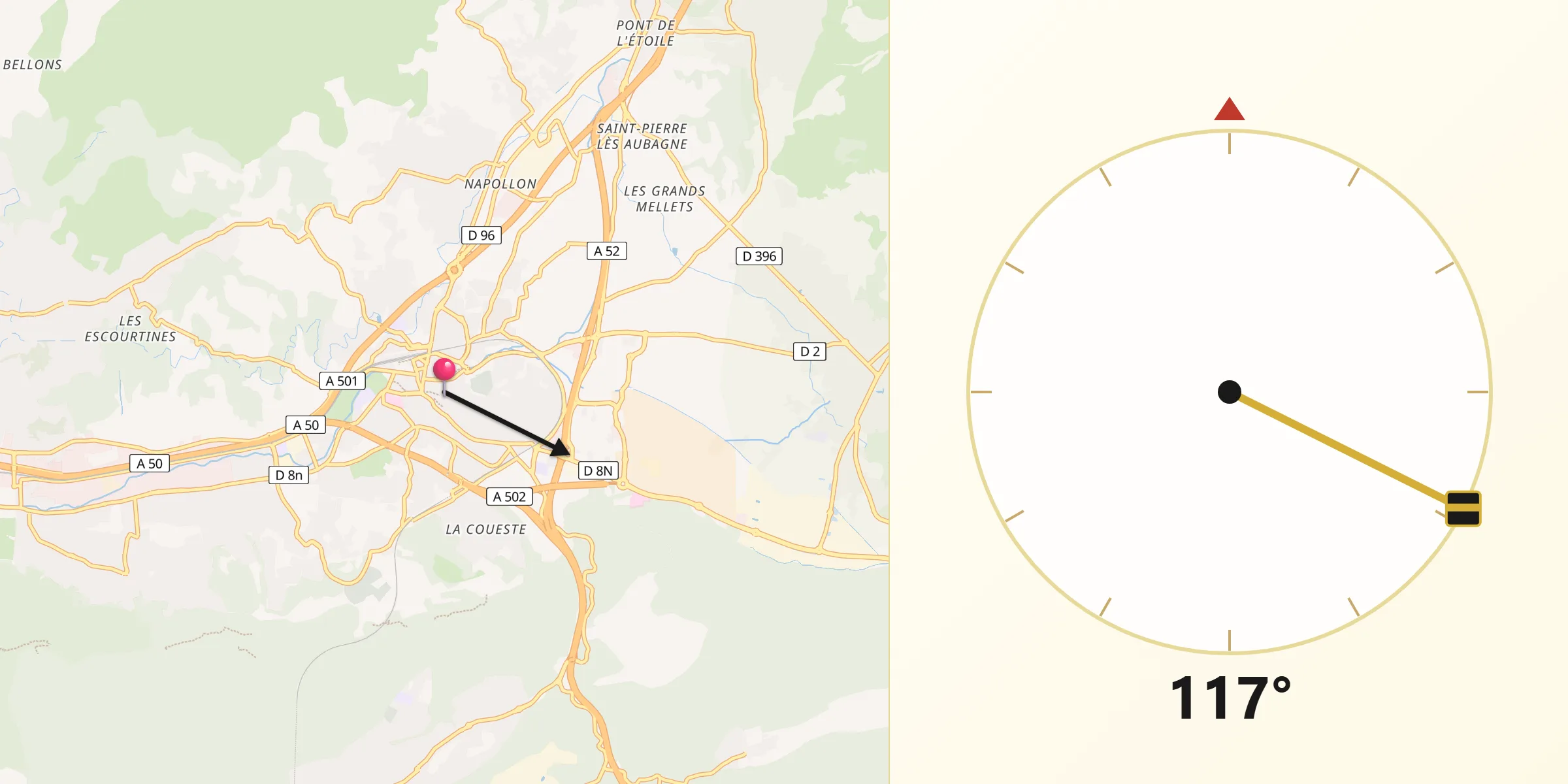 Direction vers la Qibla depuis Aubagne