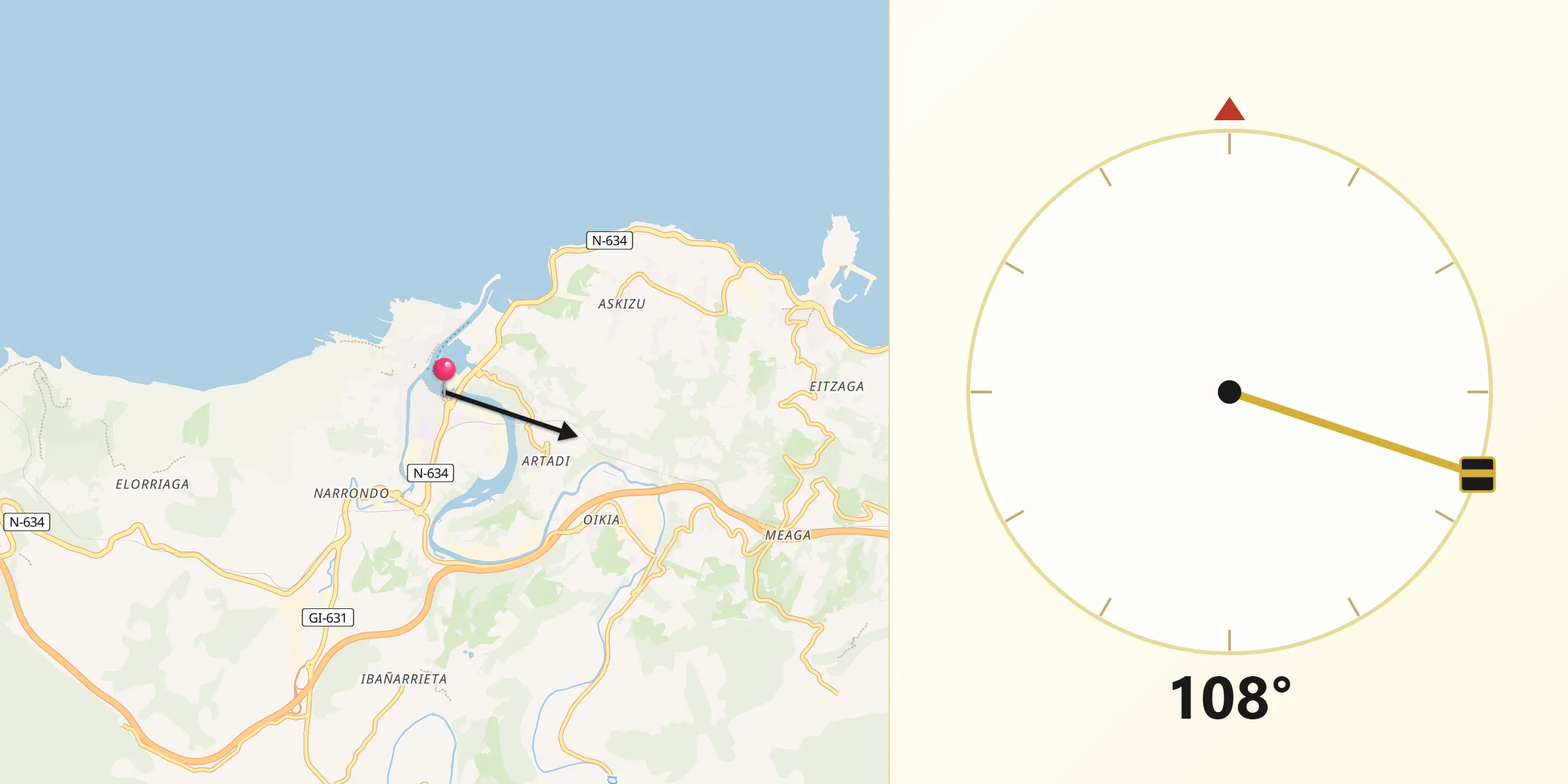 Dirección de la Qibla desde Zumaia