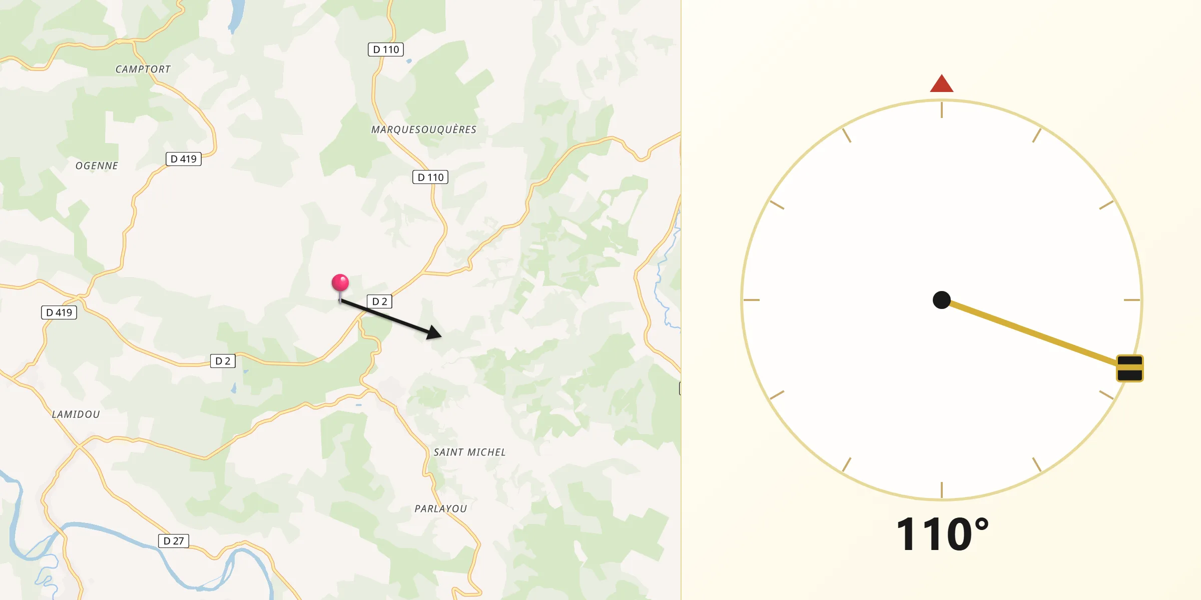 Direction vers la Qibla depuis Lucq-de-Béarn