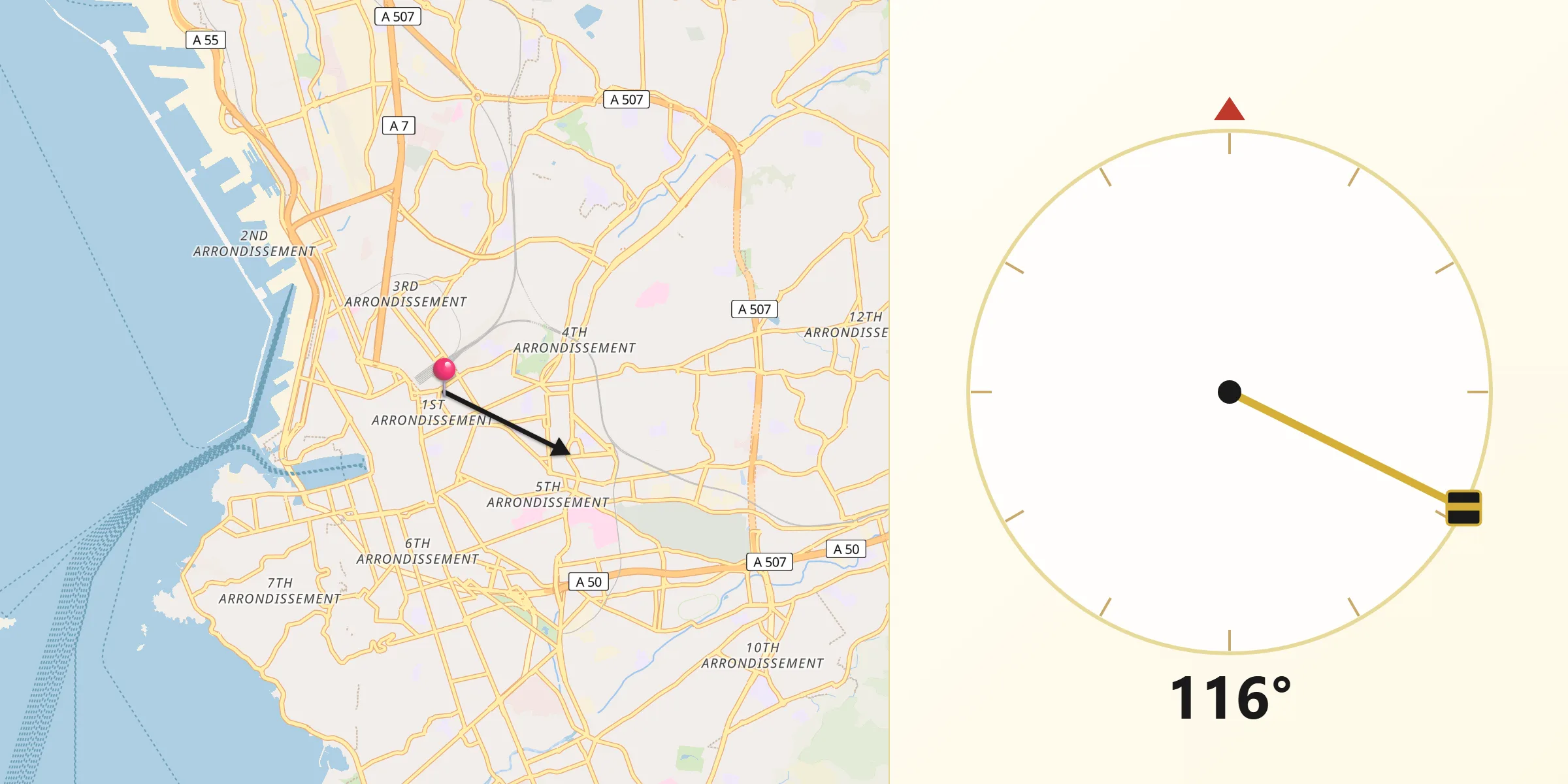 Direction vers la Qibla depuis Saint-Charles