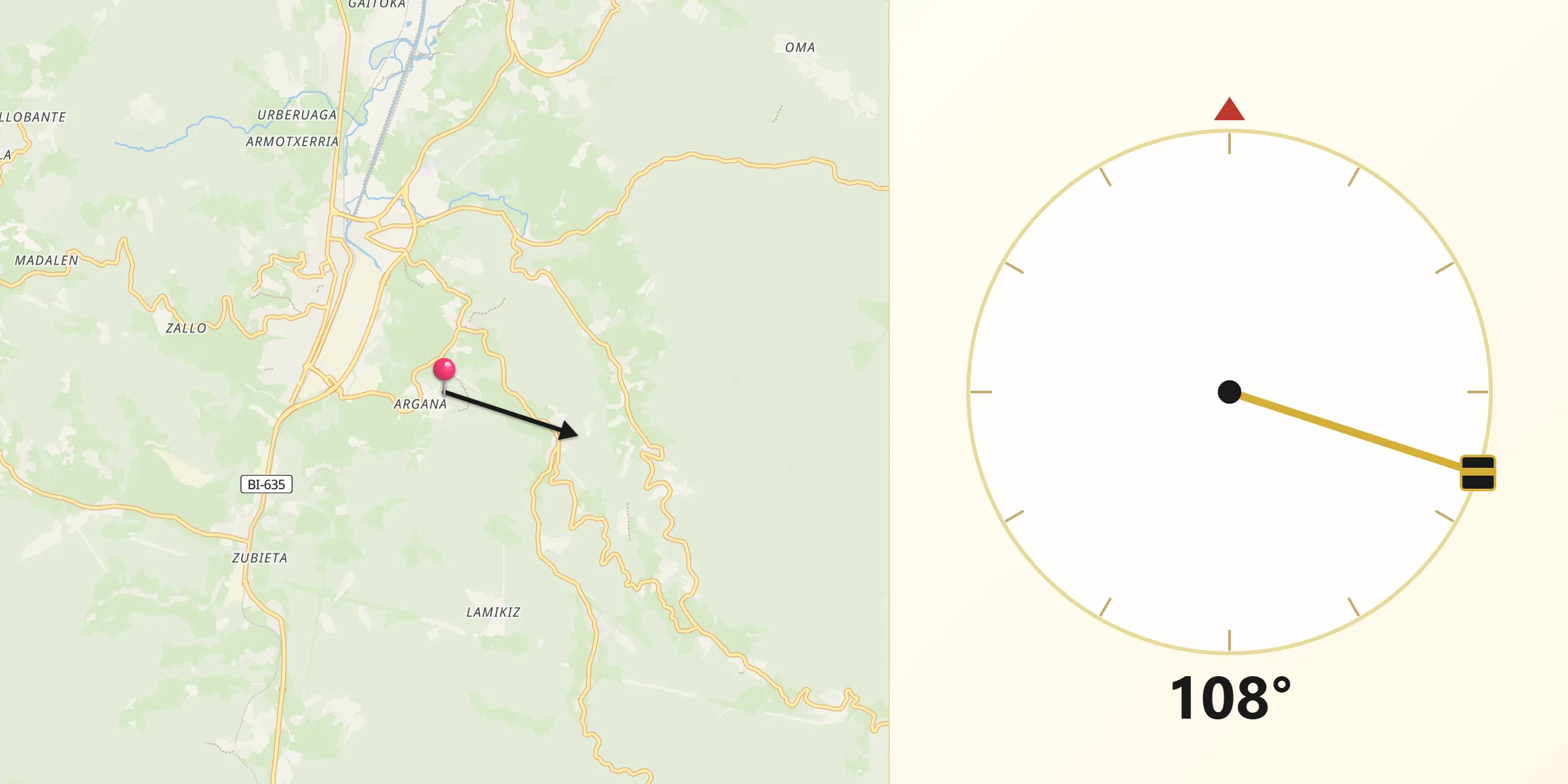 Dirección de la Qibla desde Ajangiz