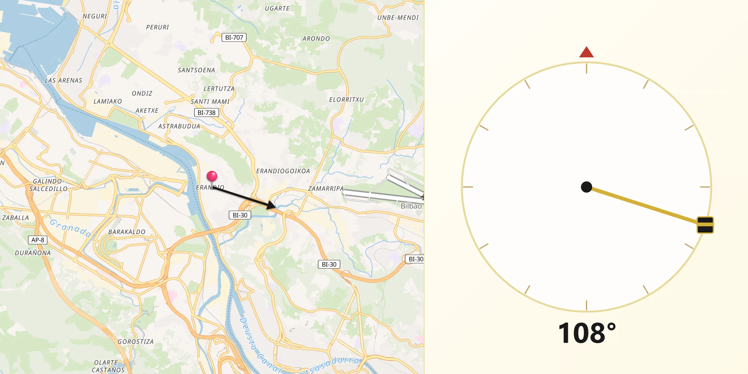 Dirección de la Qibla desde Erandio
