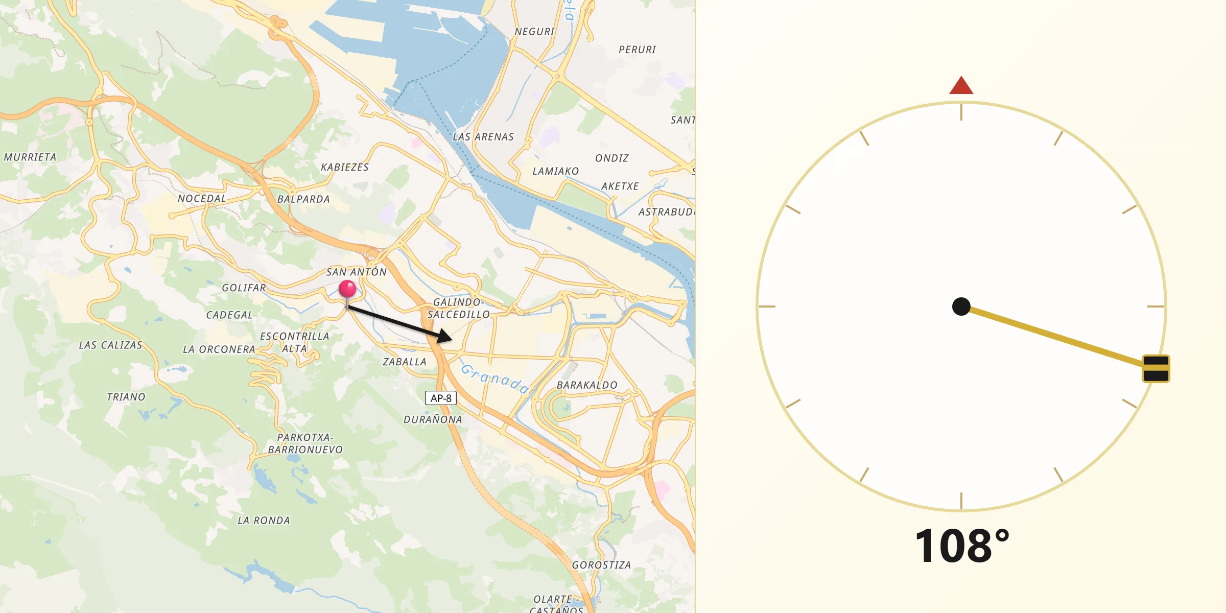 Dirección de la Qibla desde Valle de Trápaga-Trapagaran