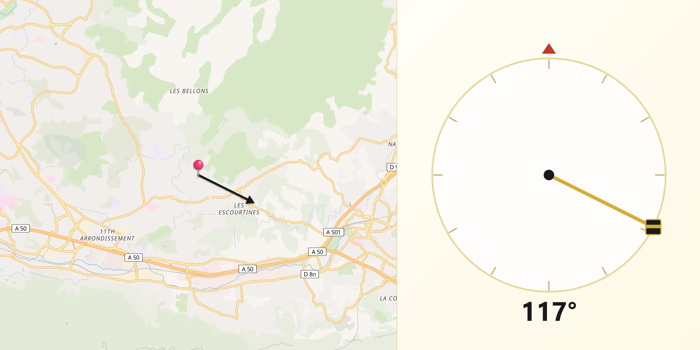 Direction vers la Qibla depuis Les Camoins