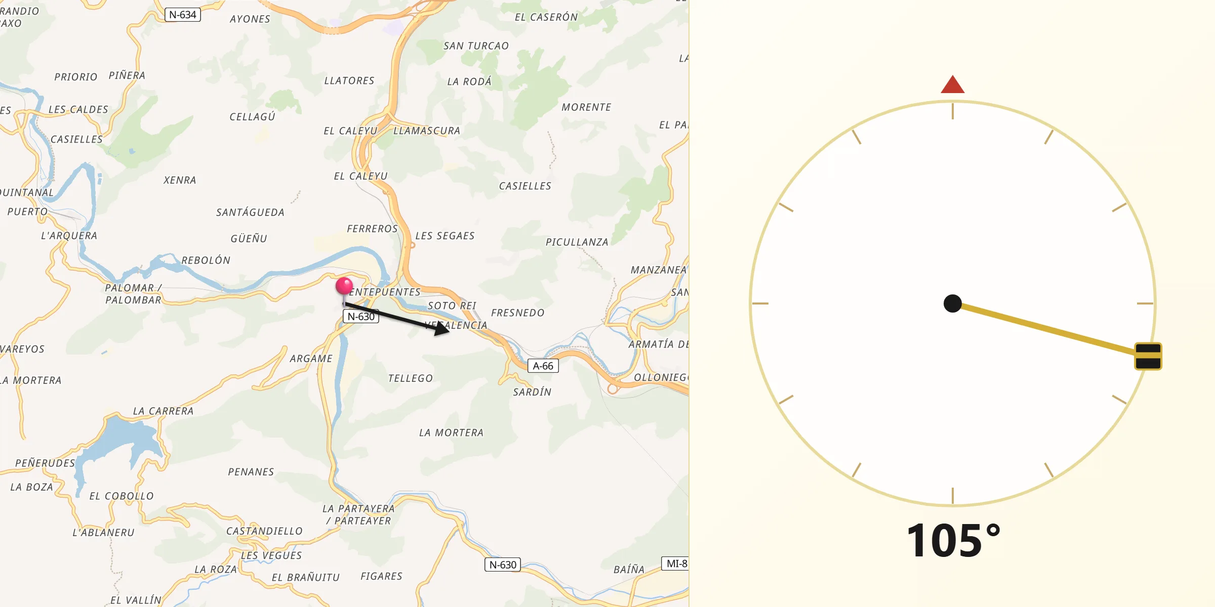 Dirección de la Qibla desde Ribera de Arriba
