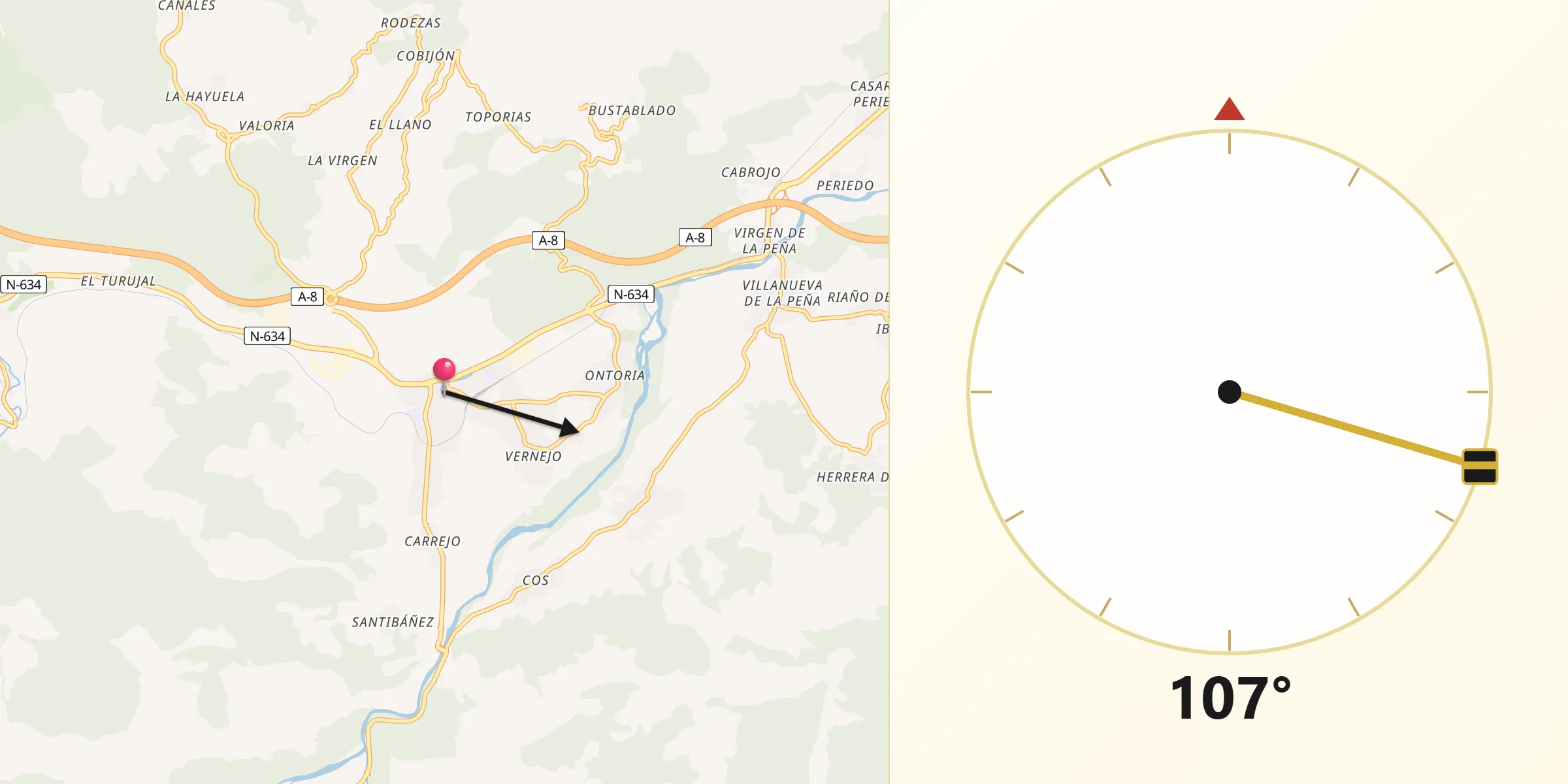 Dirección de la Qibla desde Cabezón de la Sal