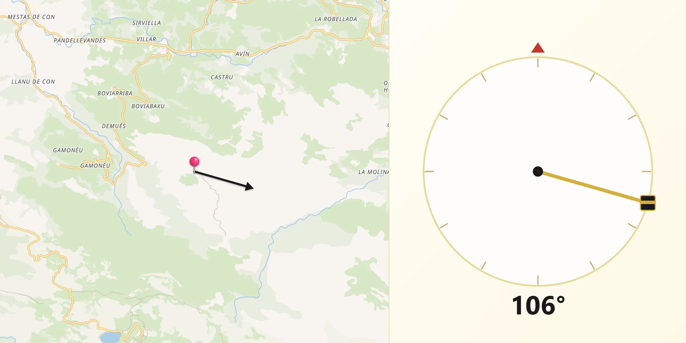 Dirección de la Qibla desde Onís