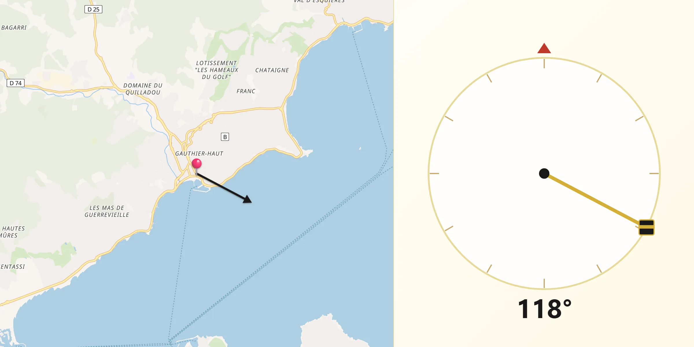 Direction vers la Qibla depuis Sainte-Maxime