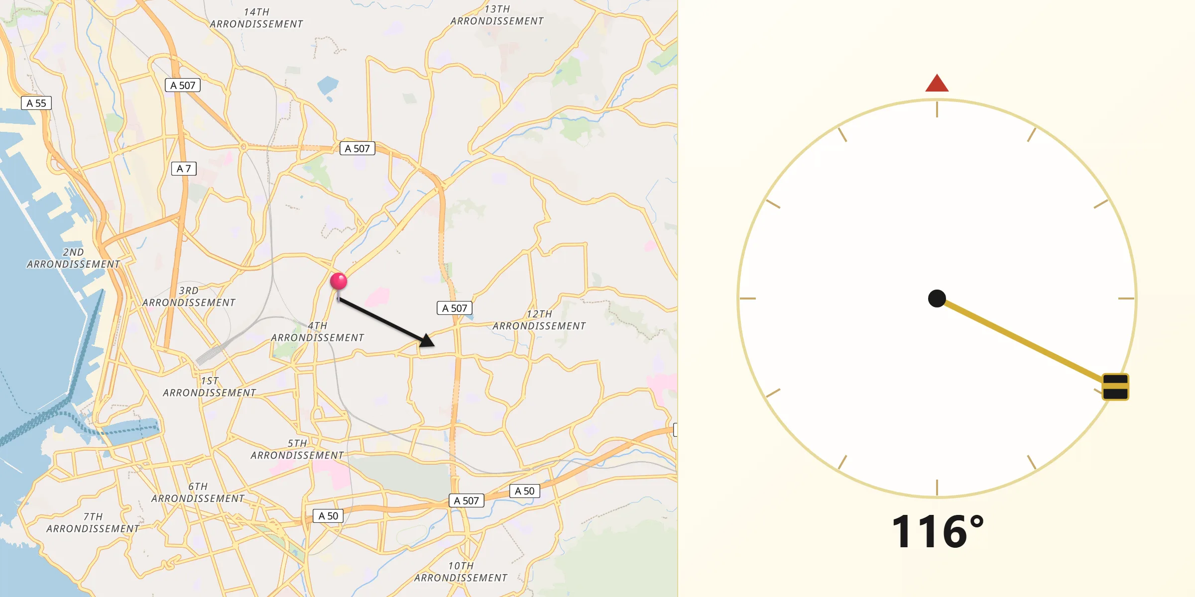 Direction vers la Qibla depuis Les Chartreux