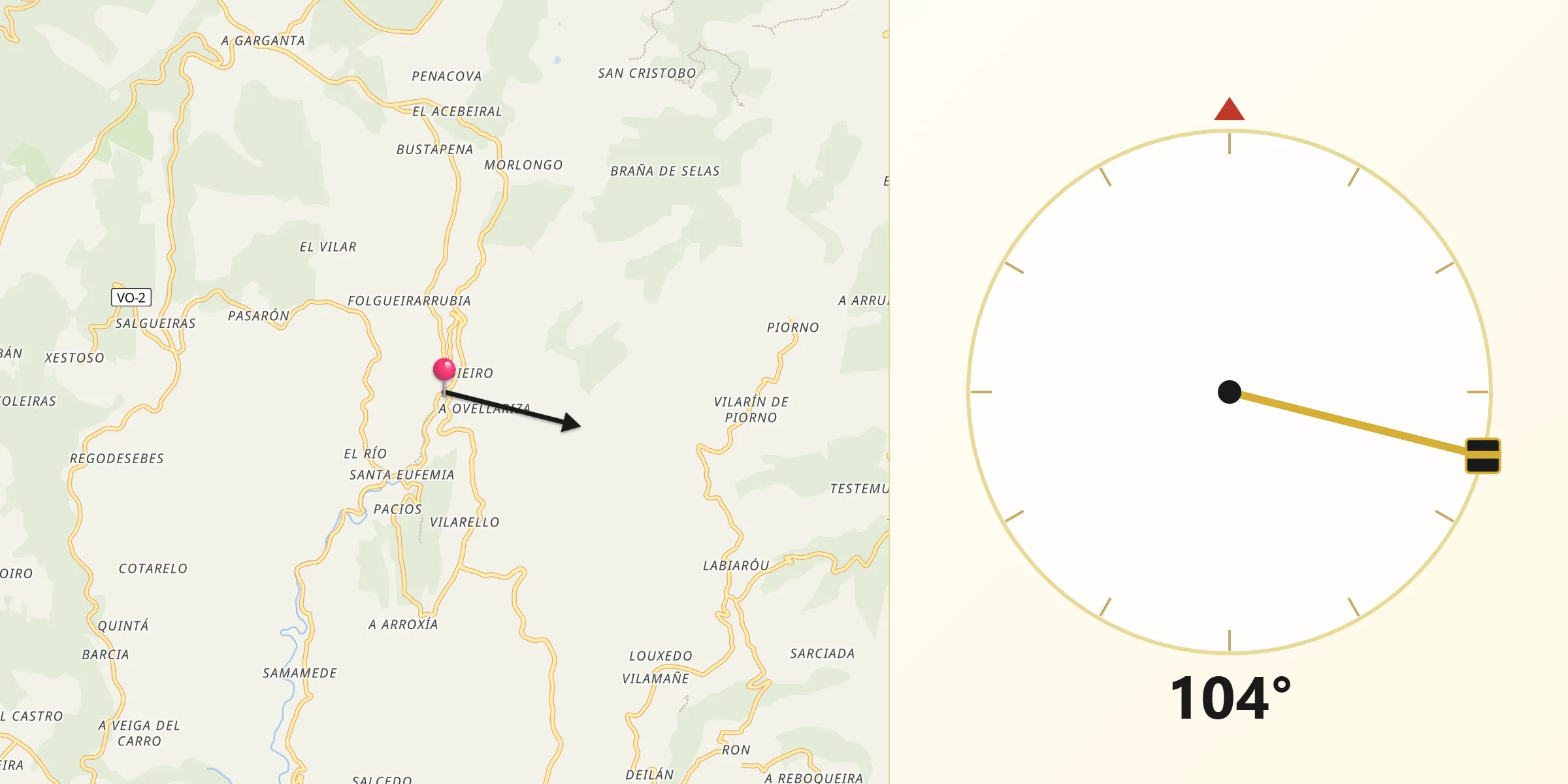 Dirección de la Qibla desde Villanueva de Oscos
