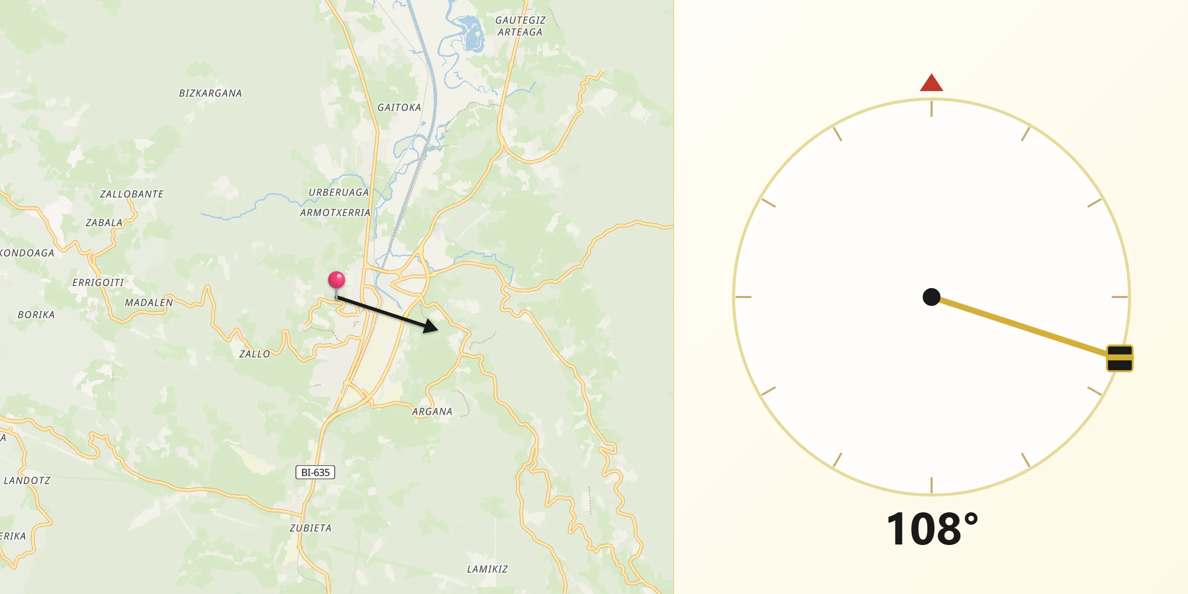 Dirección de la Qibla desde Gernika-Lumo