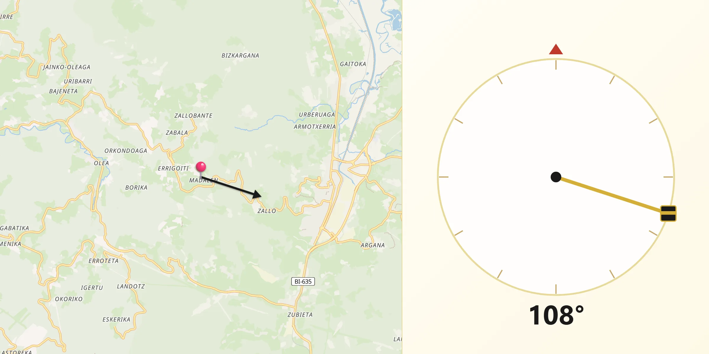 Dirección de la Qibla desde Errigoiti