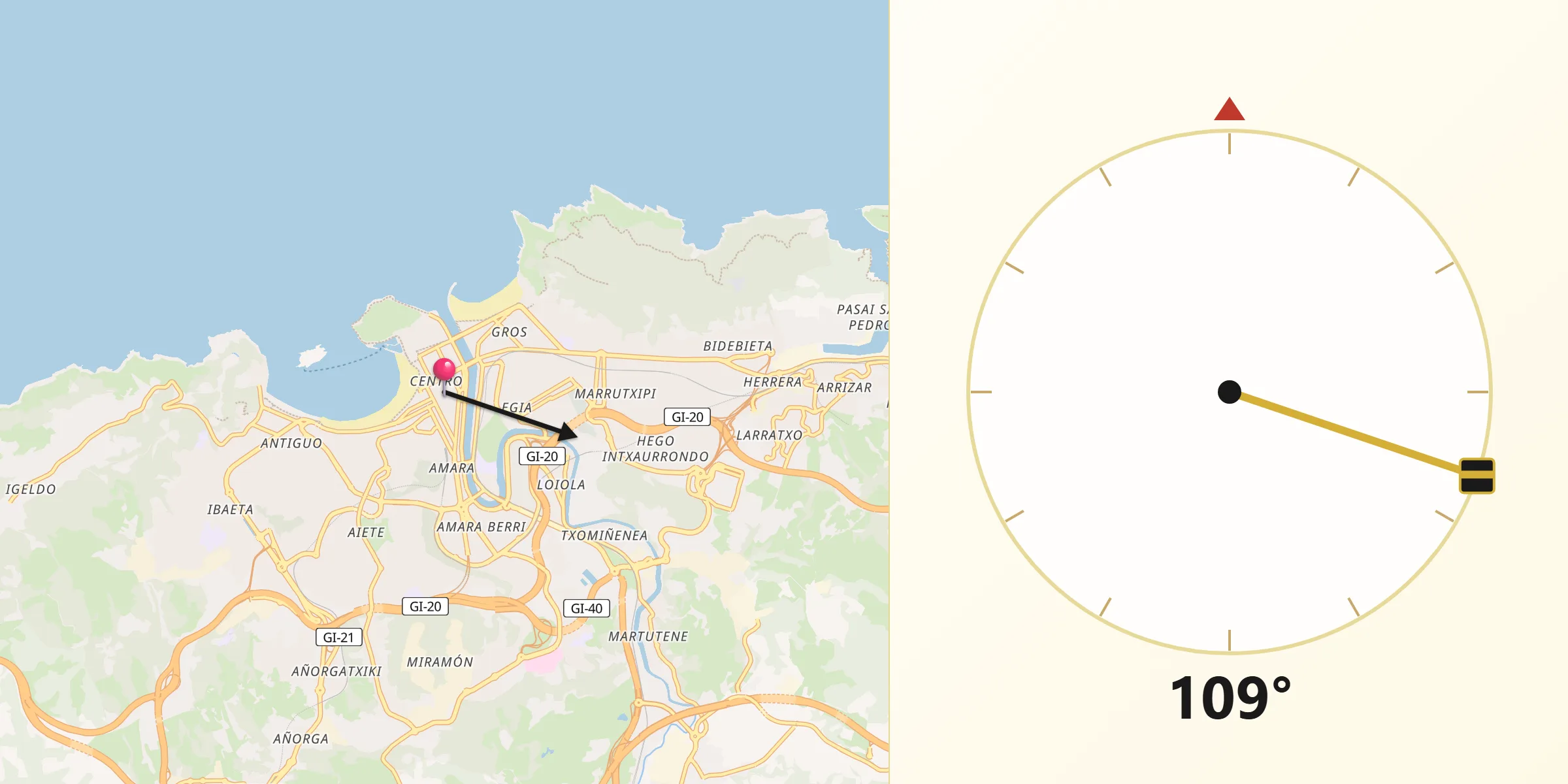 Dirección de la Qibla desde Ciudad de San Sebastián