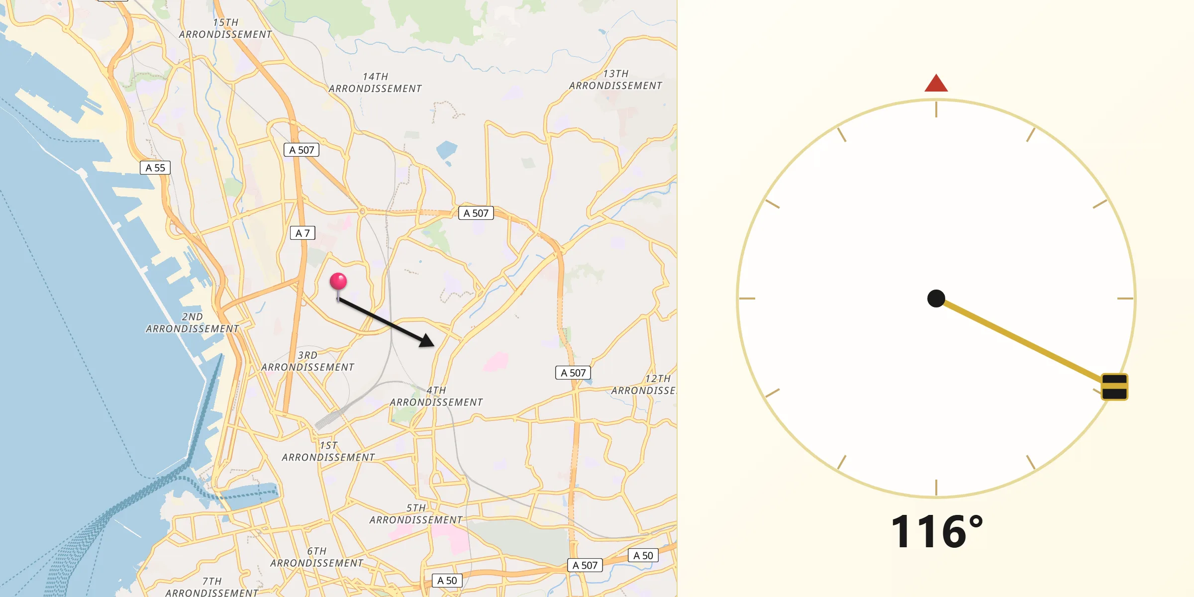 Direction vers la Qibla depuis Bon-Secours