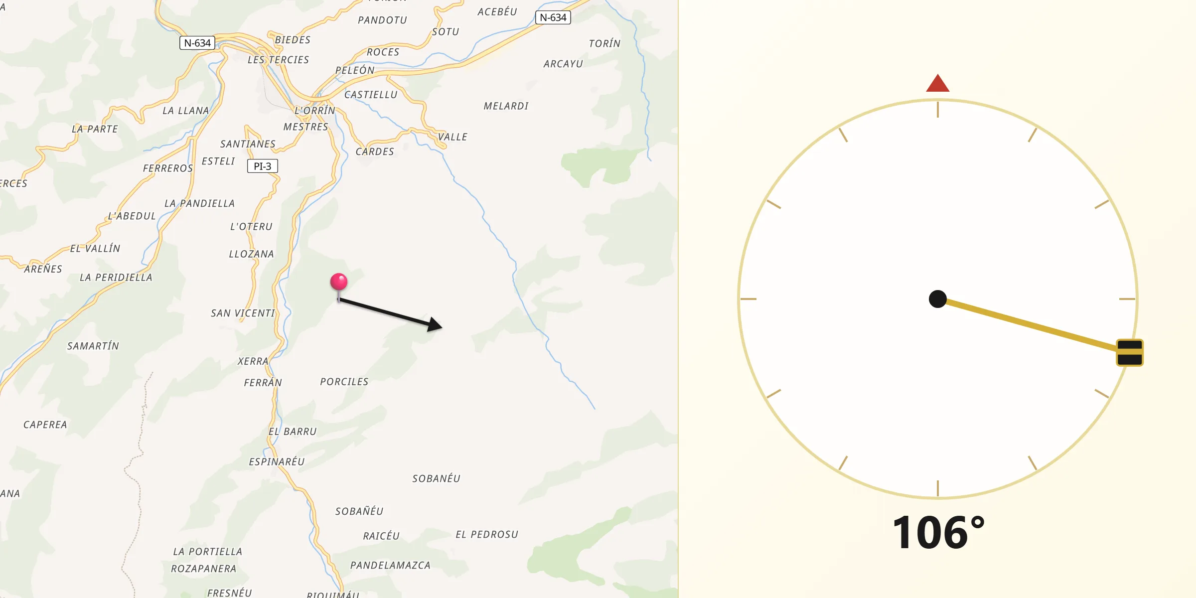 Dirección de la Qibla desde Piloña