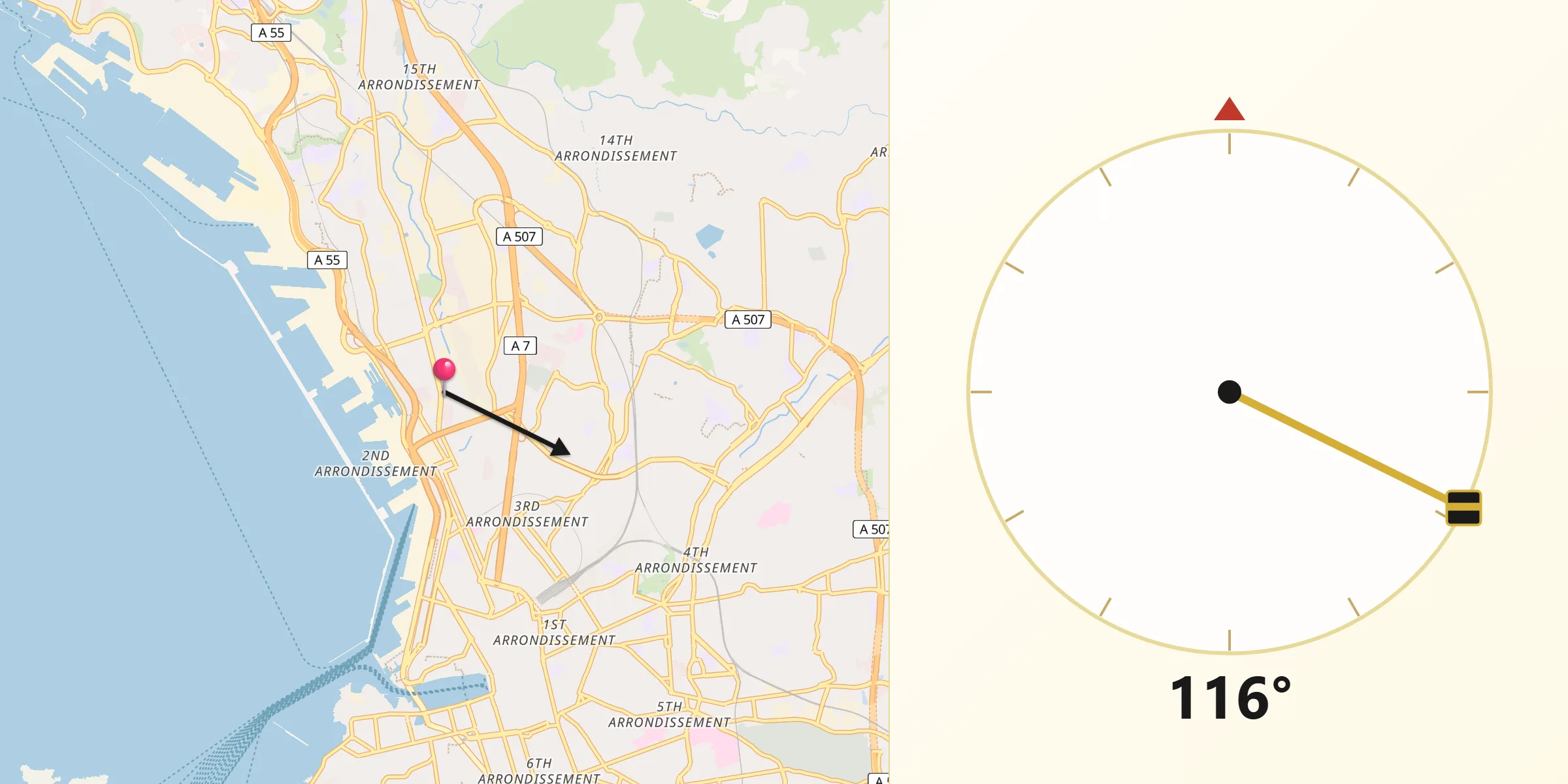 Direction vers la Qibla depuis Les Crottes