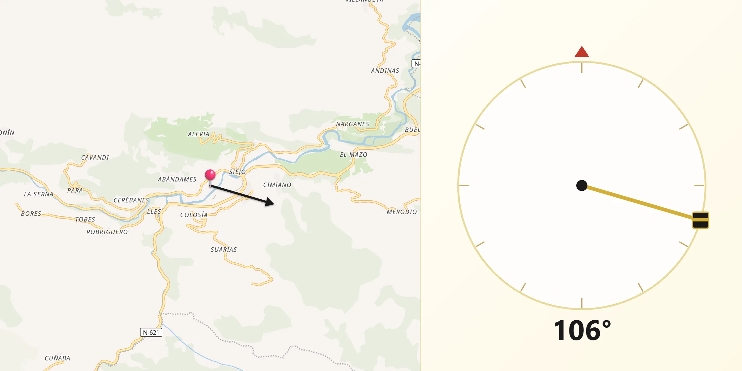 Dirección de la Qibla desde Peñamellera Baja