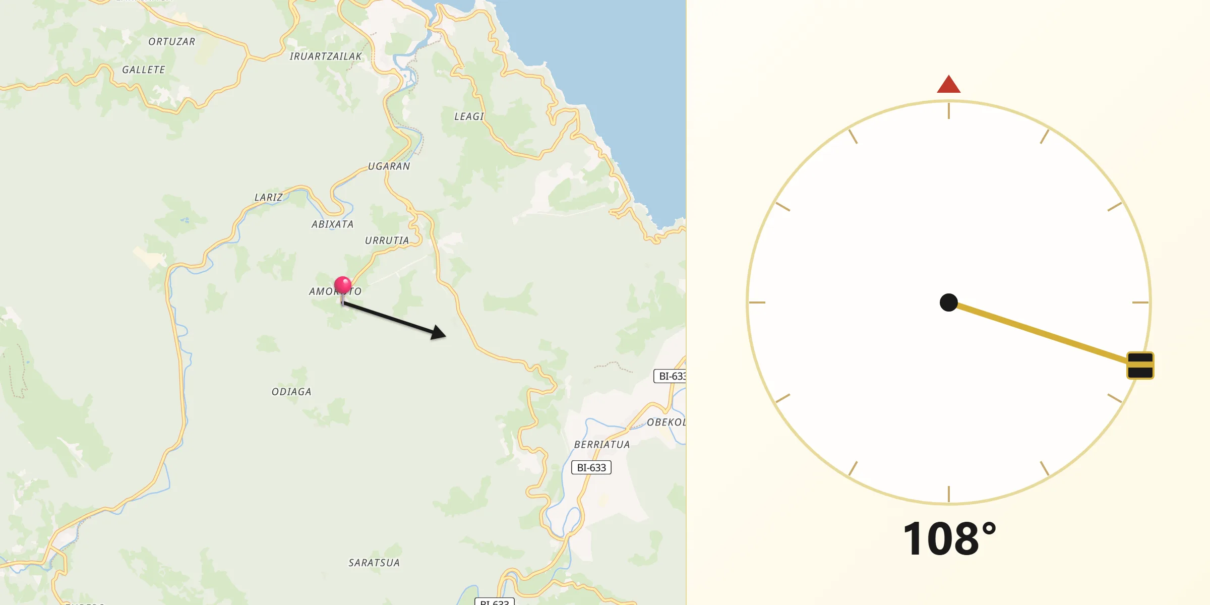 Dirección de la Qibla desde Amoroto