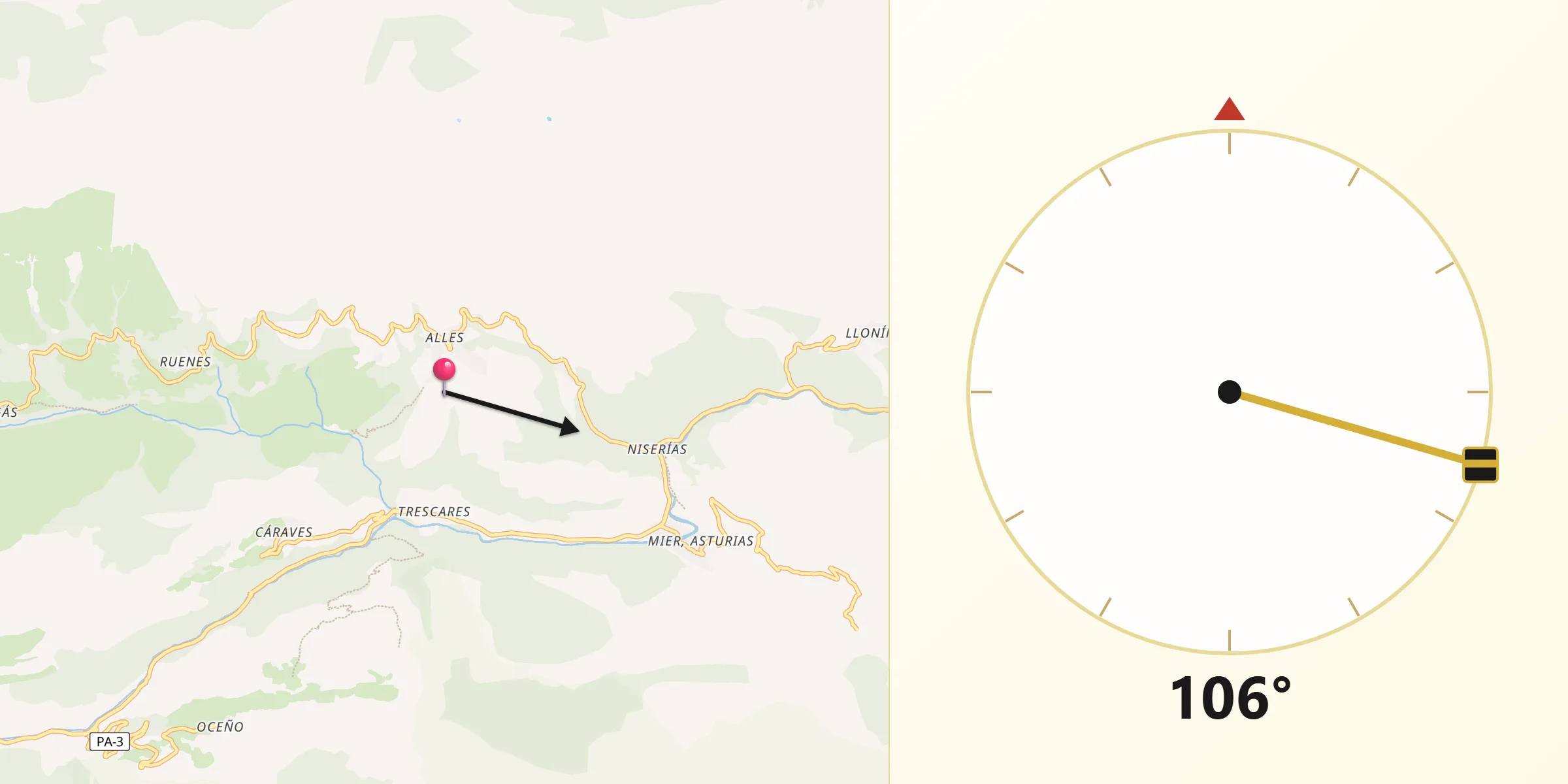 Dirección de la Qibla desde Peñamellera Alta