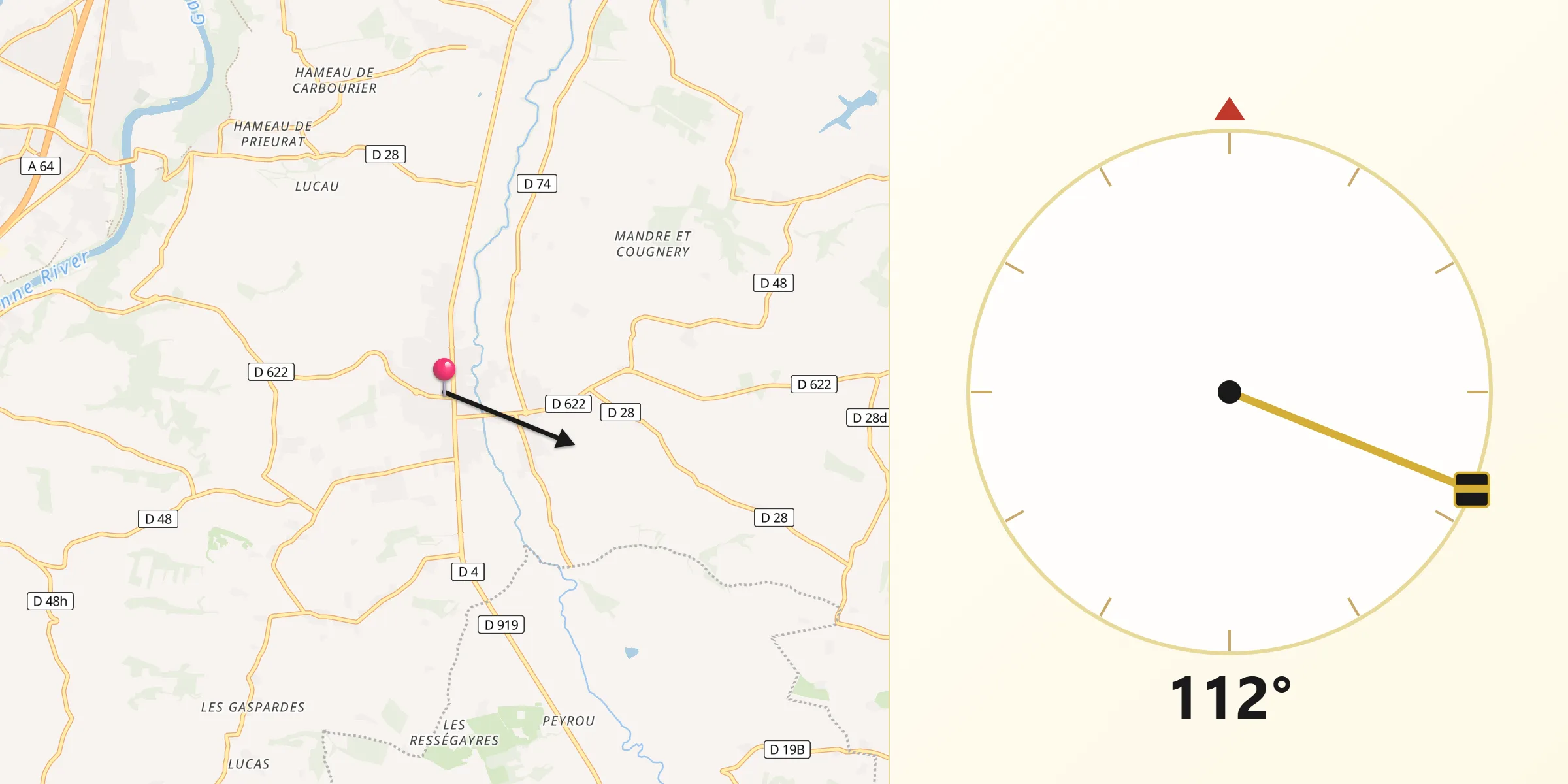 Direction vers la Qibla depuis Saint-Sulpice-sur-Lèze