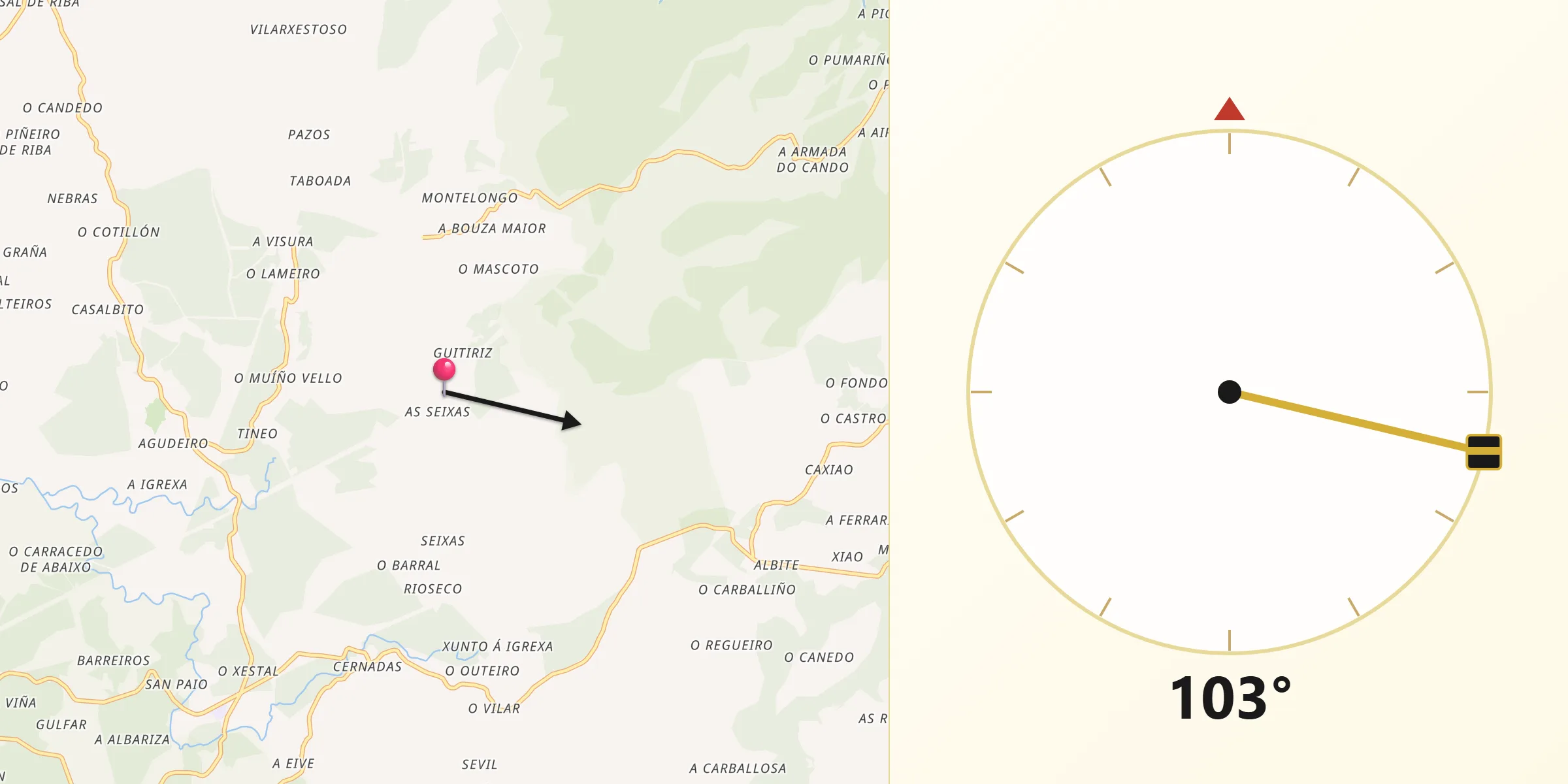 Dirección de la Qibla desde Monfero