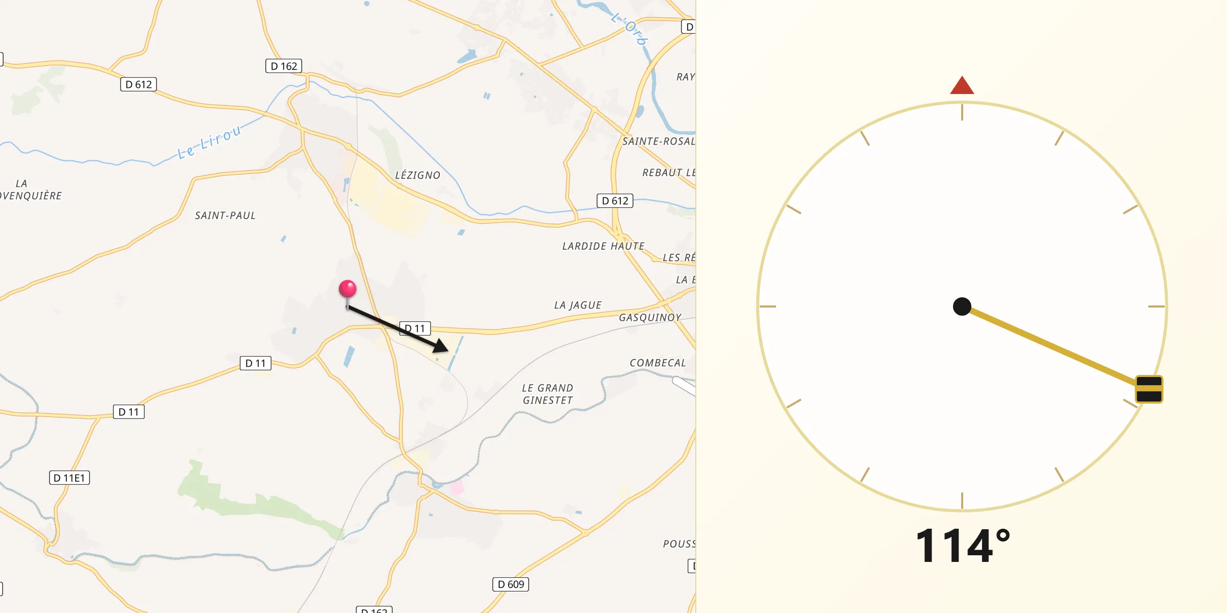 Direction vers la Qibla depuis Montady