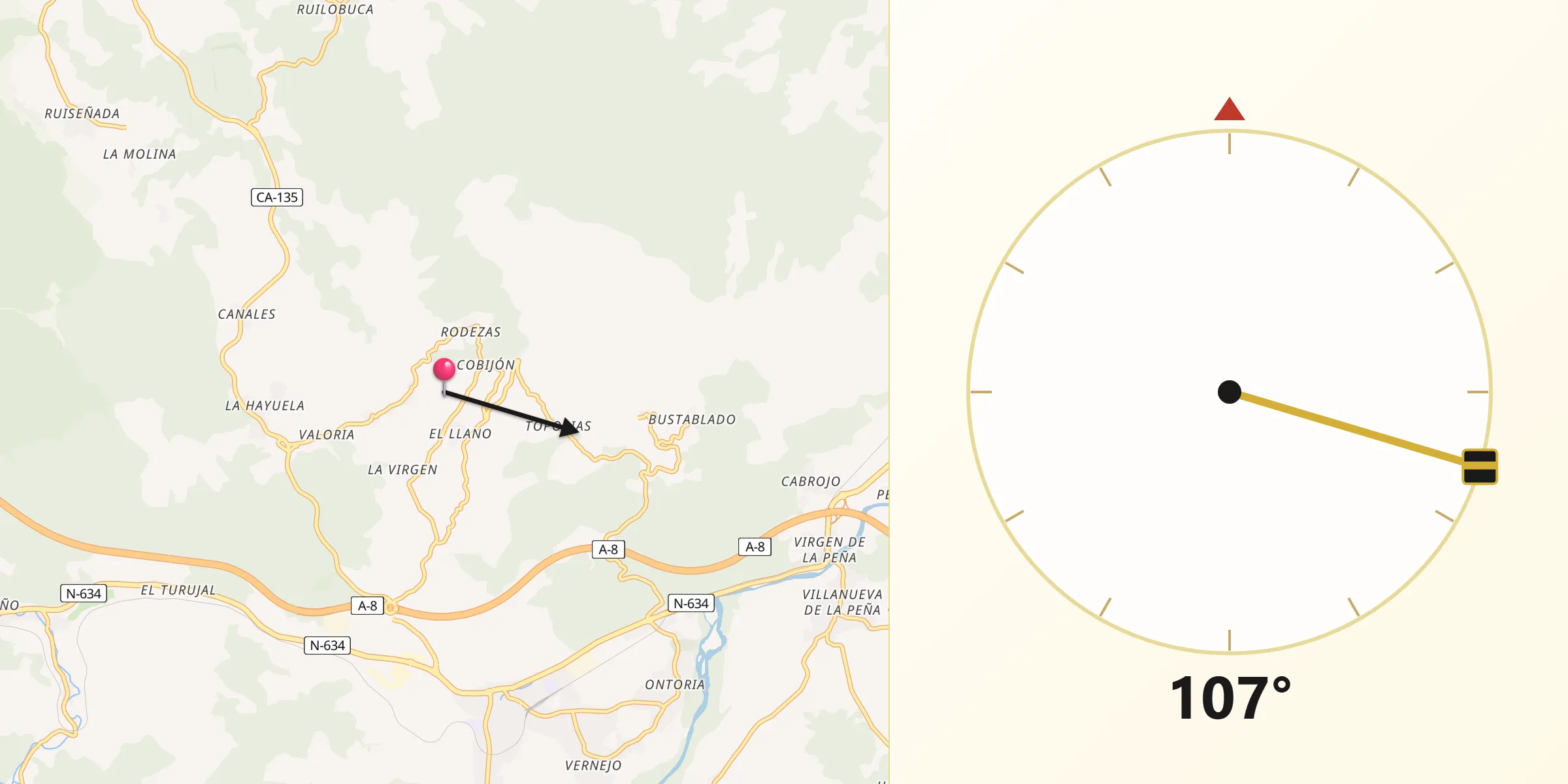 Dirección de la Qibla desde Udías