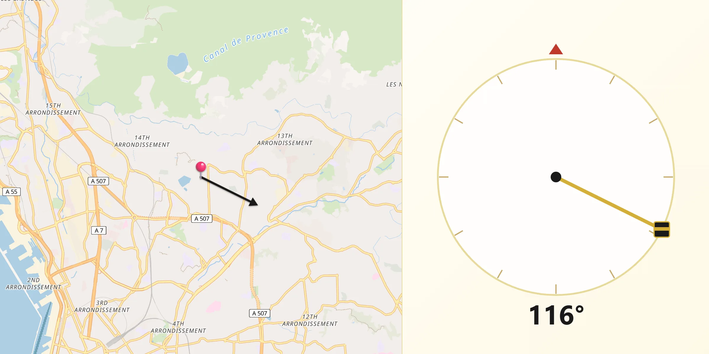 Direction vers la Qibla depuis Le Merlan