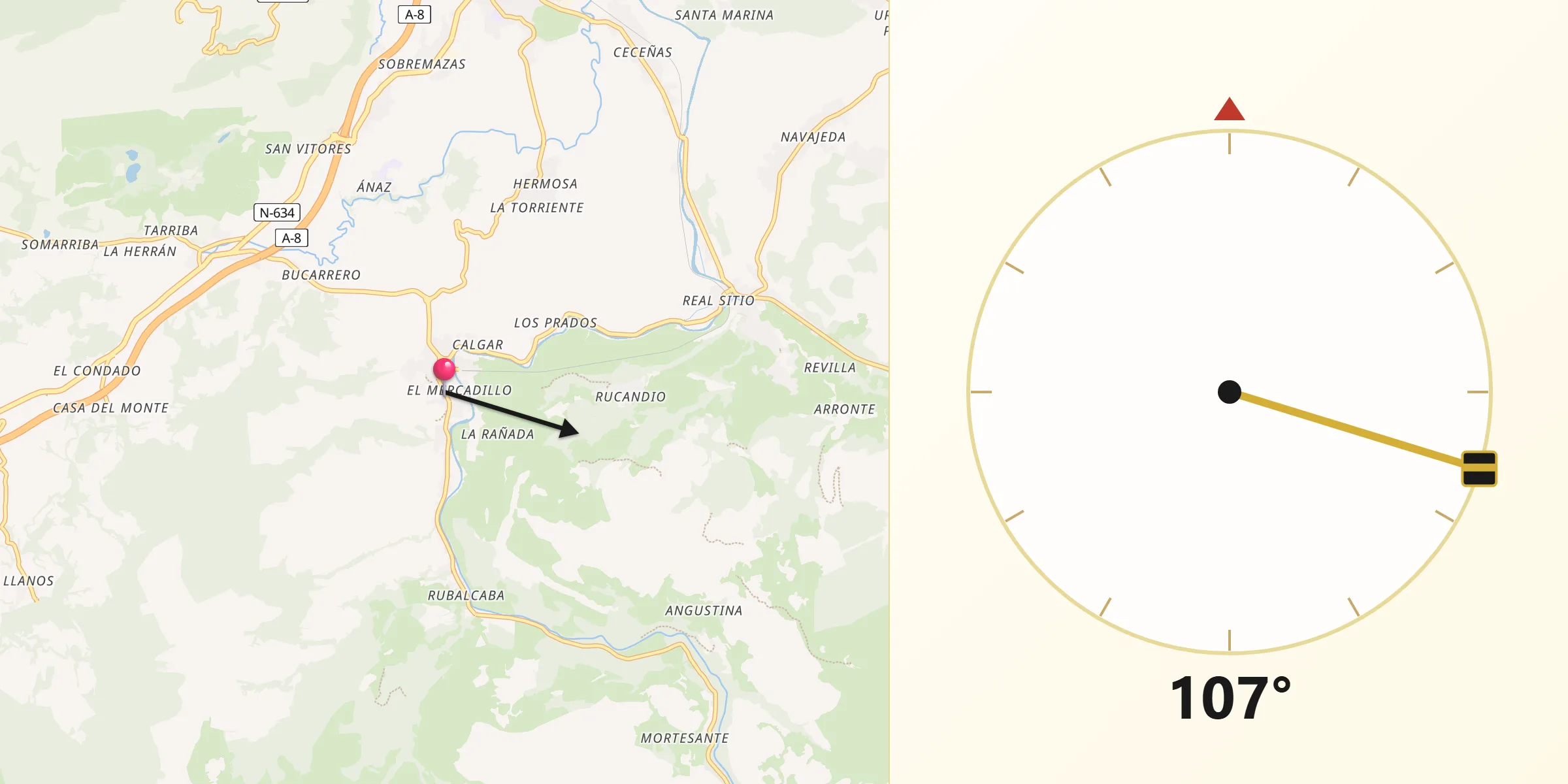 Dirección de la Qibla desde Liérganes
