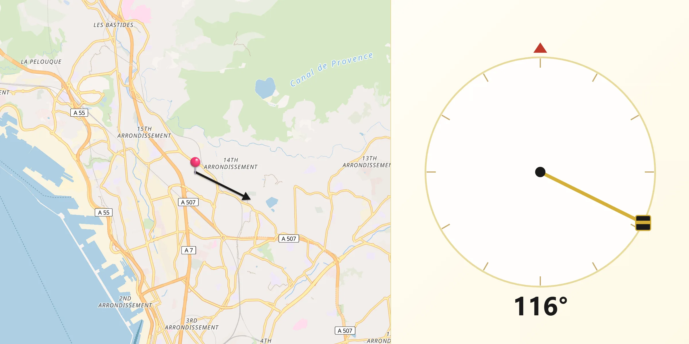 Direction vers la Qibla depuis Marseille 14