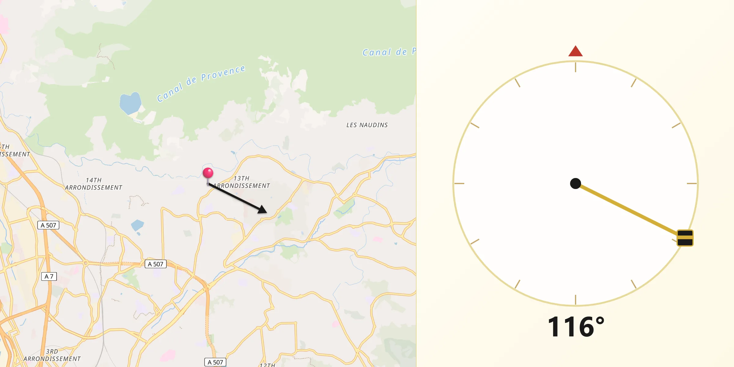 Direction vers la Qibla depuis Saint-Mitre