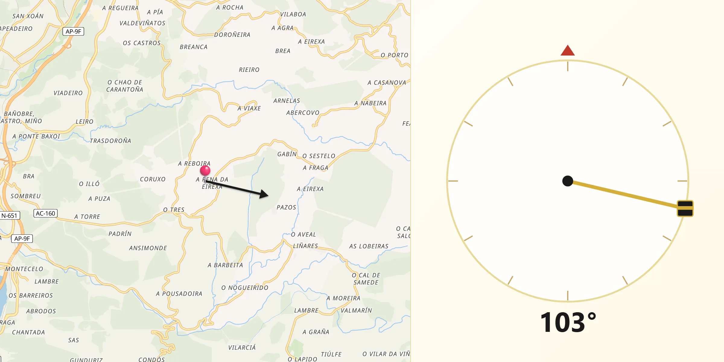 Dirección de la Qibla desde Vilarmaior