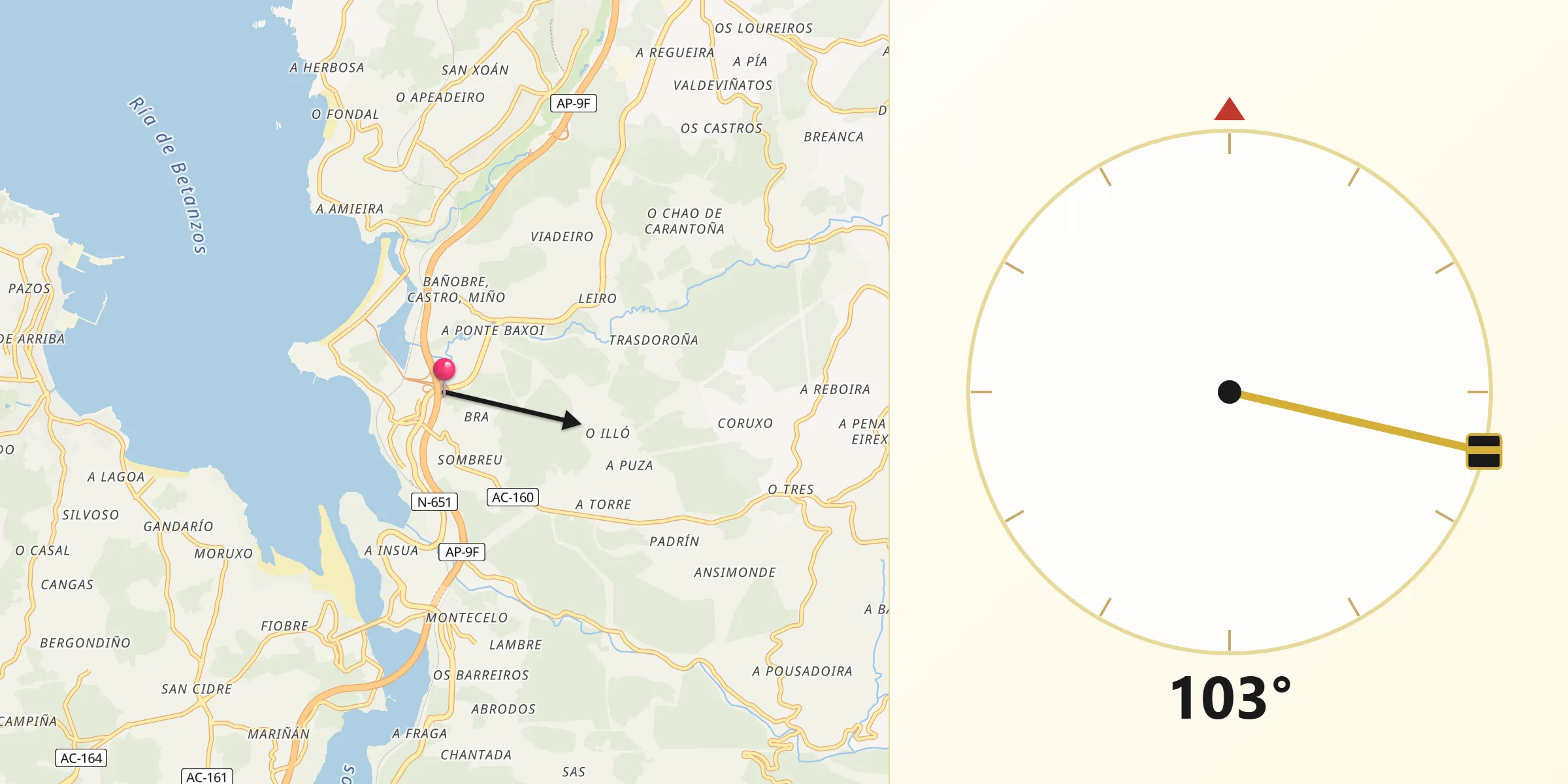 Dirección de la Qibla desde Miño