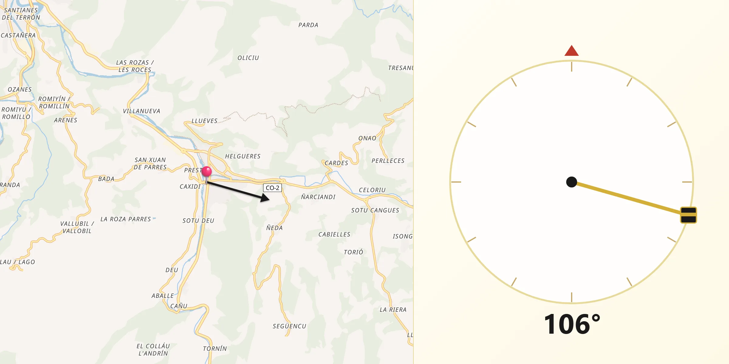 Dirección de la Qibla desde Cangas de Onís