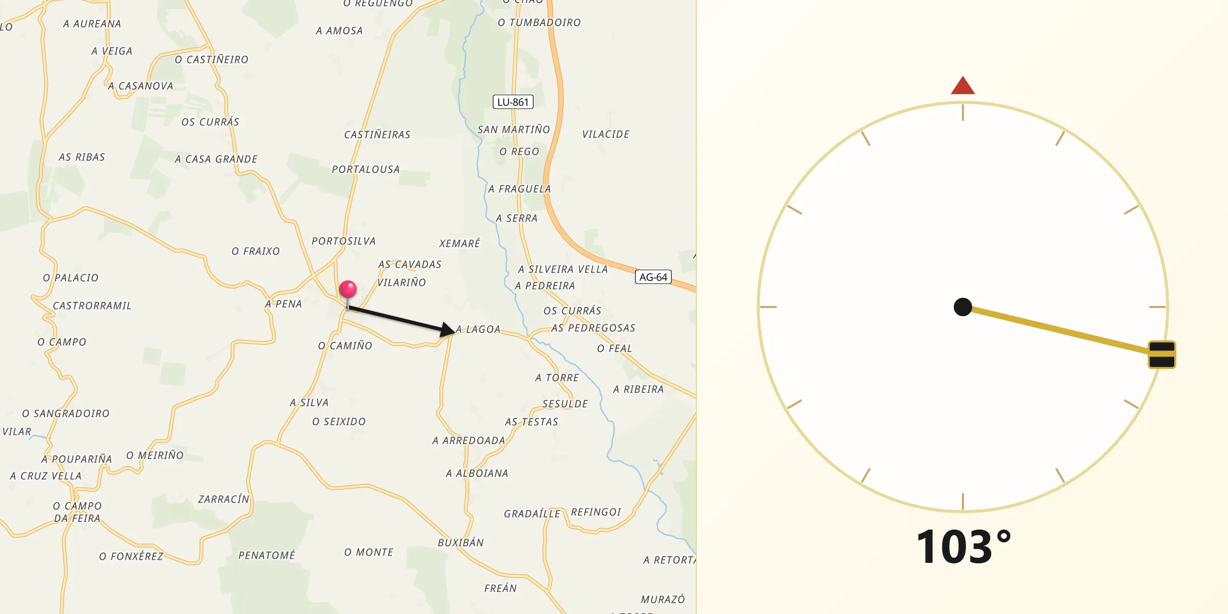 Dirección de la Qibla desde Xermade