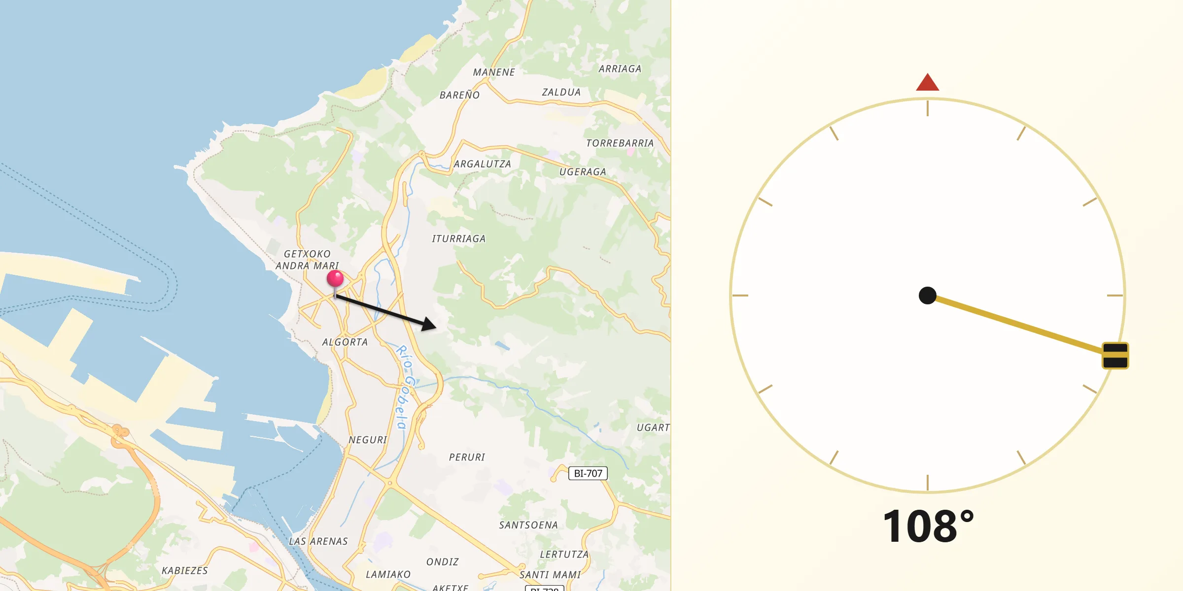Dirección de la Qibla desde Getxo