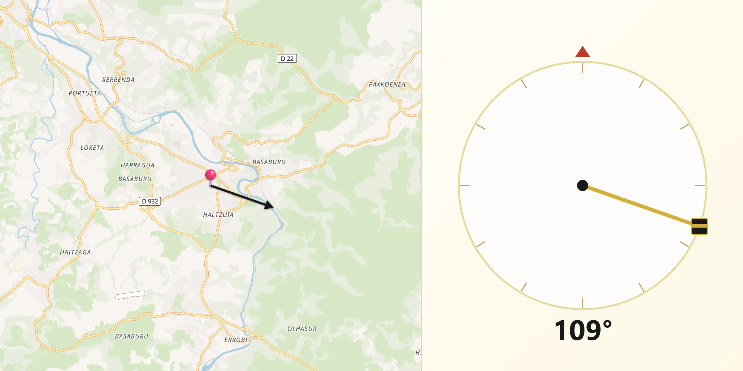 Direction vers la Qibla depuis Cambo-les-Bains