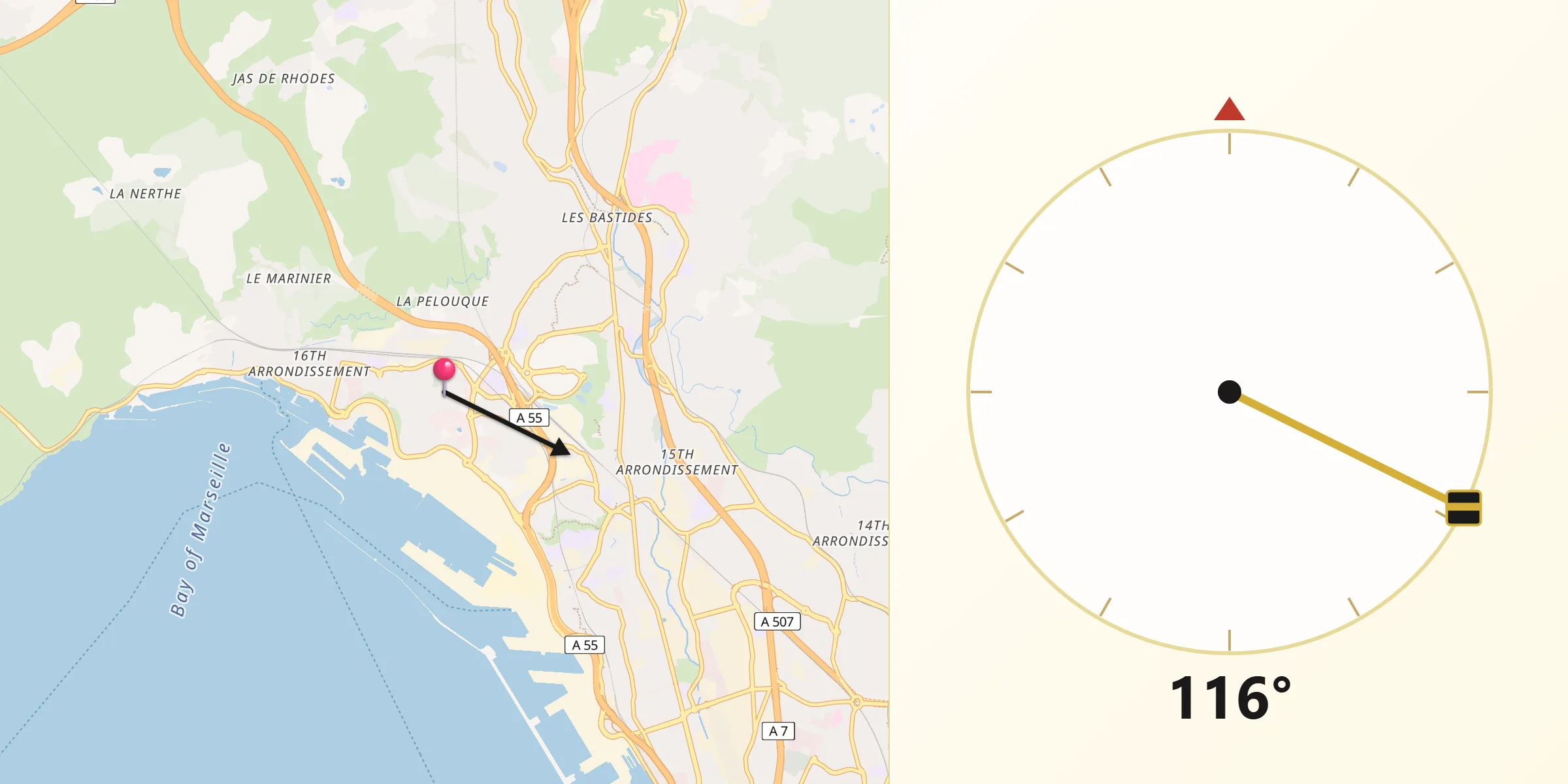 Direction vers la Qibla depuis Marseille 16
