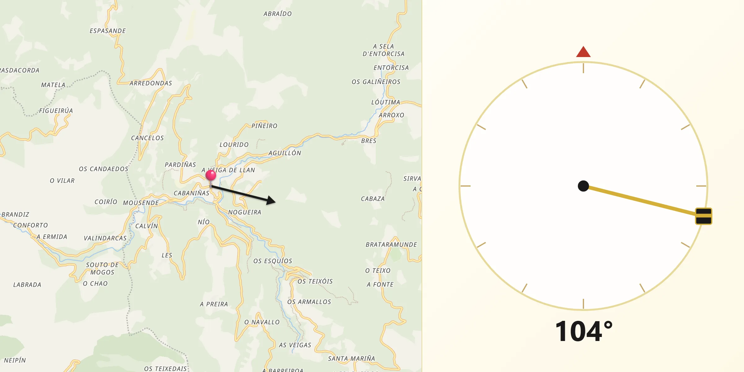 Dirección de la Qibla desde Taramundi