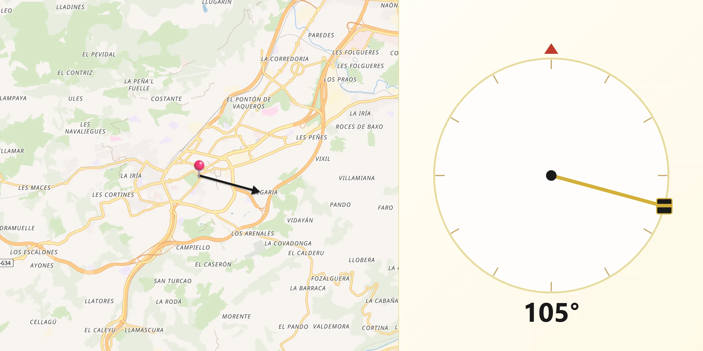 Dirección de la Qibla desde Oviedo