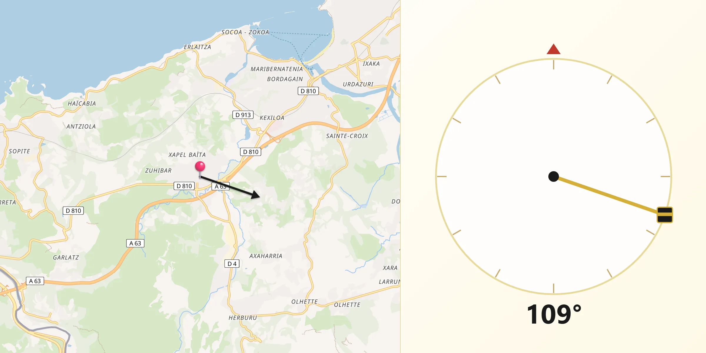 Direction vers la Qibla depuis Urrugne