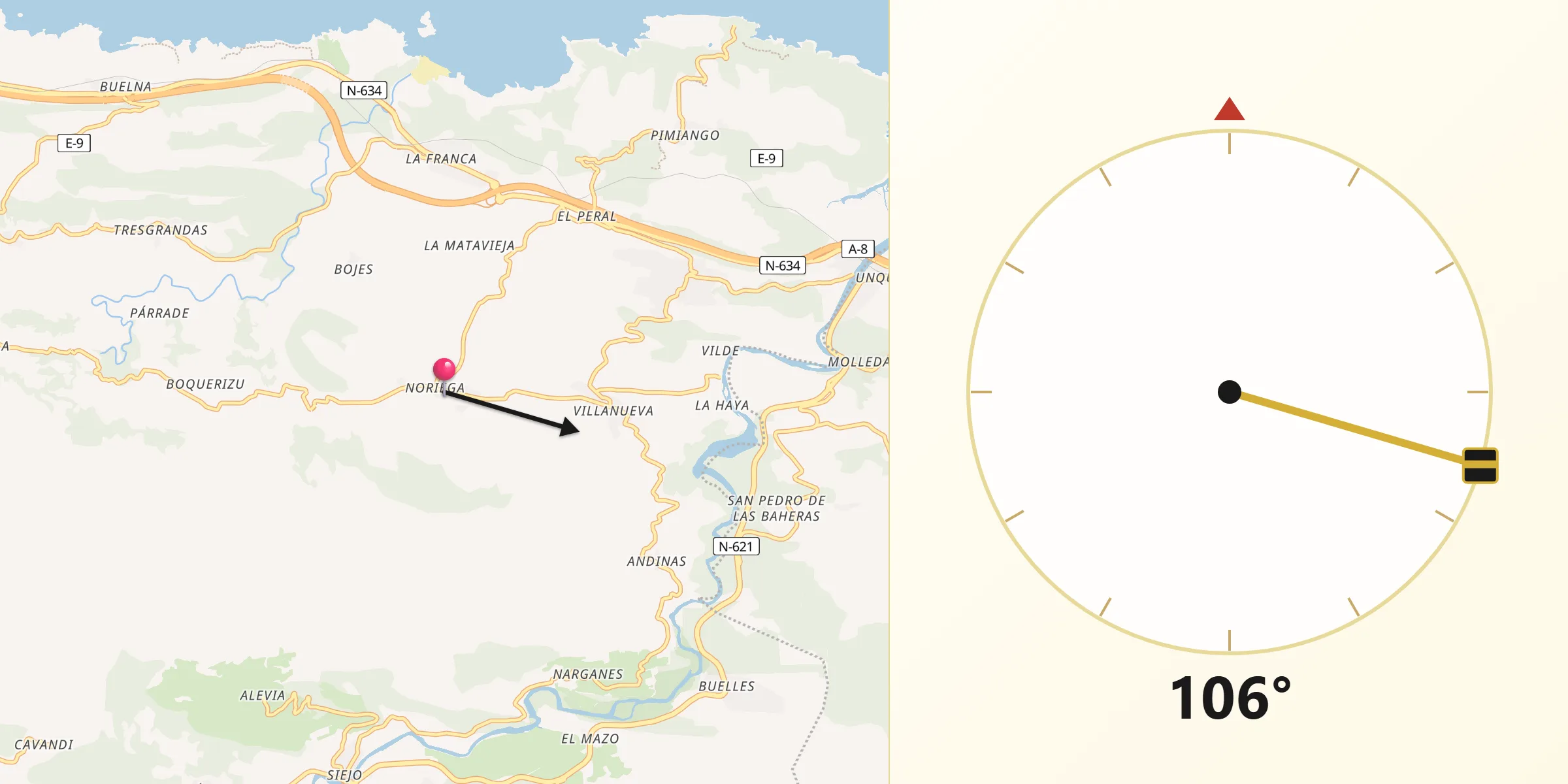 Dirección de la Qibla desde Ribadedeva