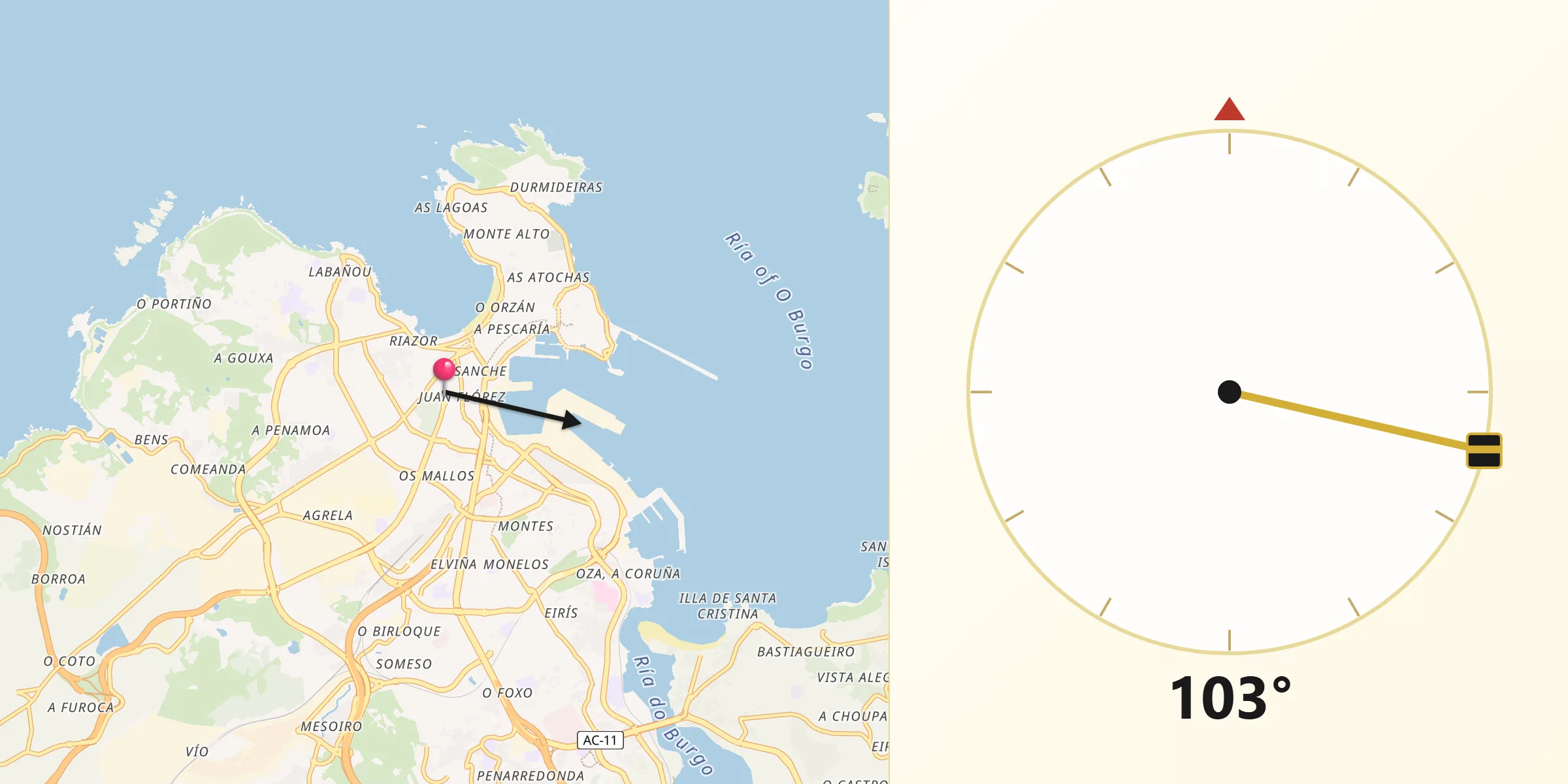 Dirección de la Qibla desde Coruña A