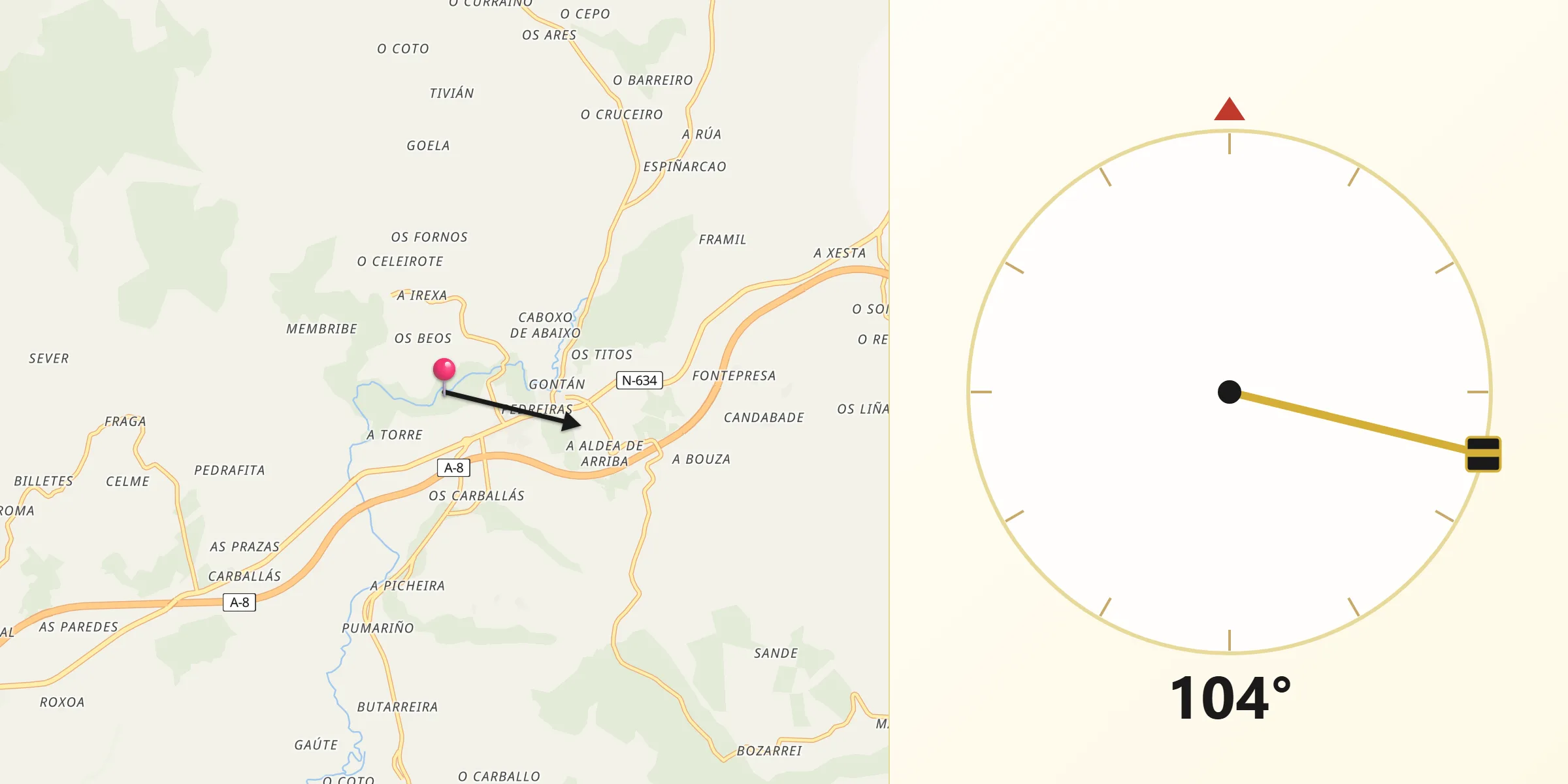 Dirección de la Qibla desde Abadín