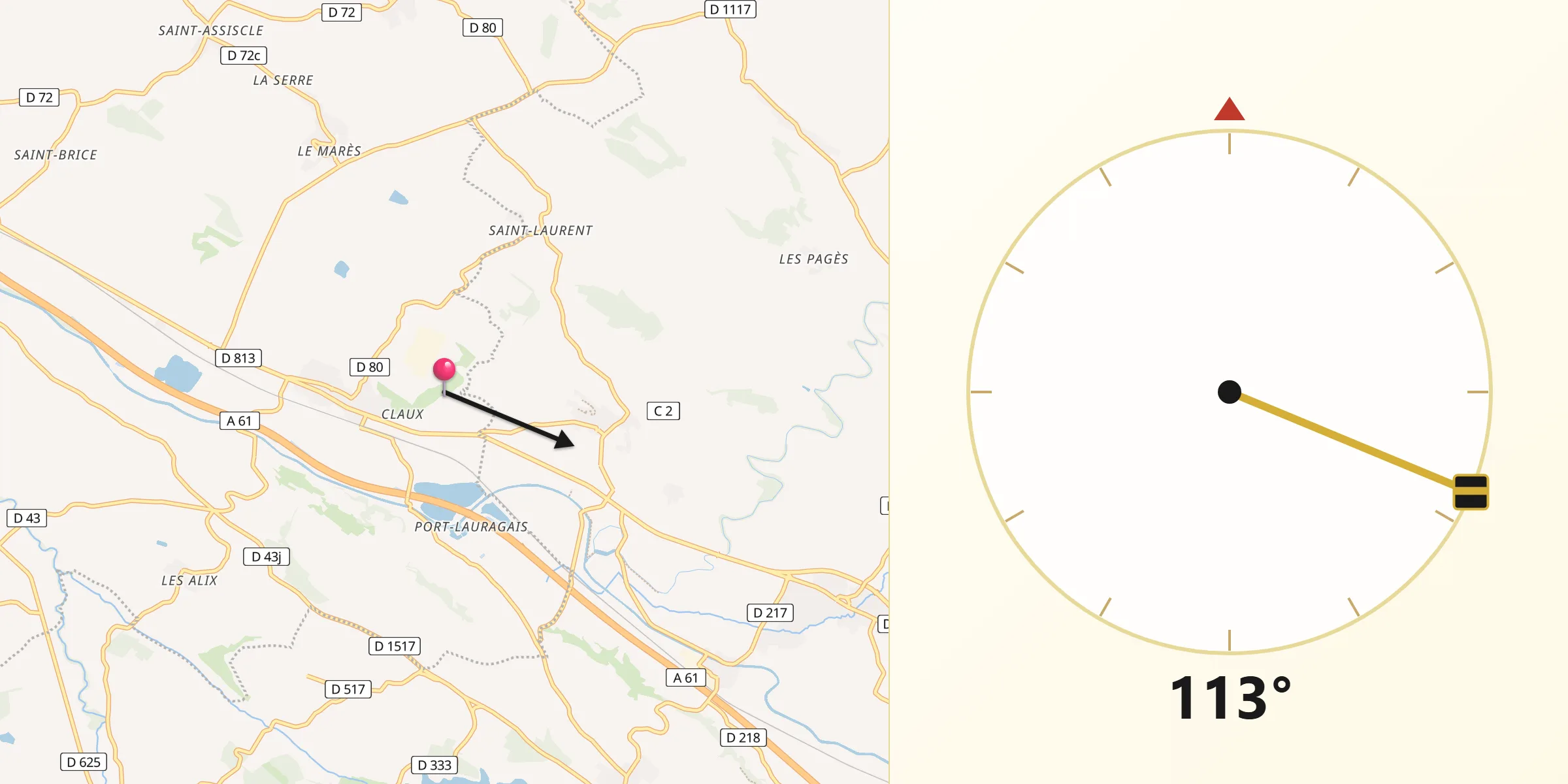 Direction vers la Qibla depuis Avignonet-Lauragais
