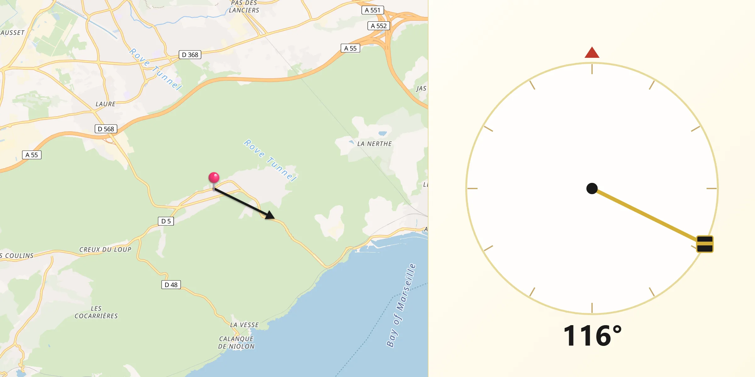 Direction vers la Qibla depuis Le Rove