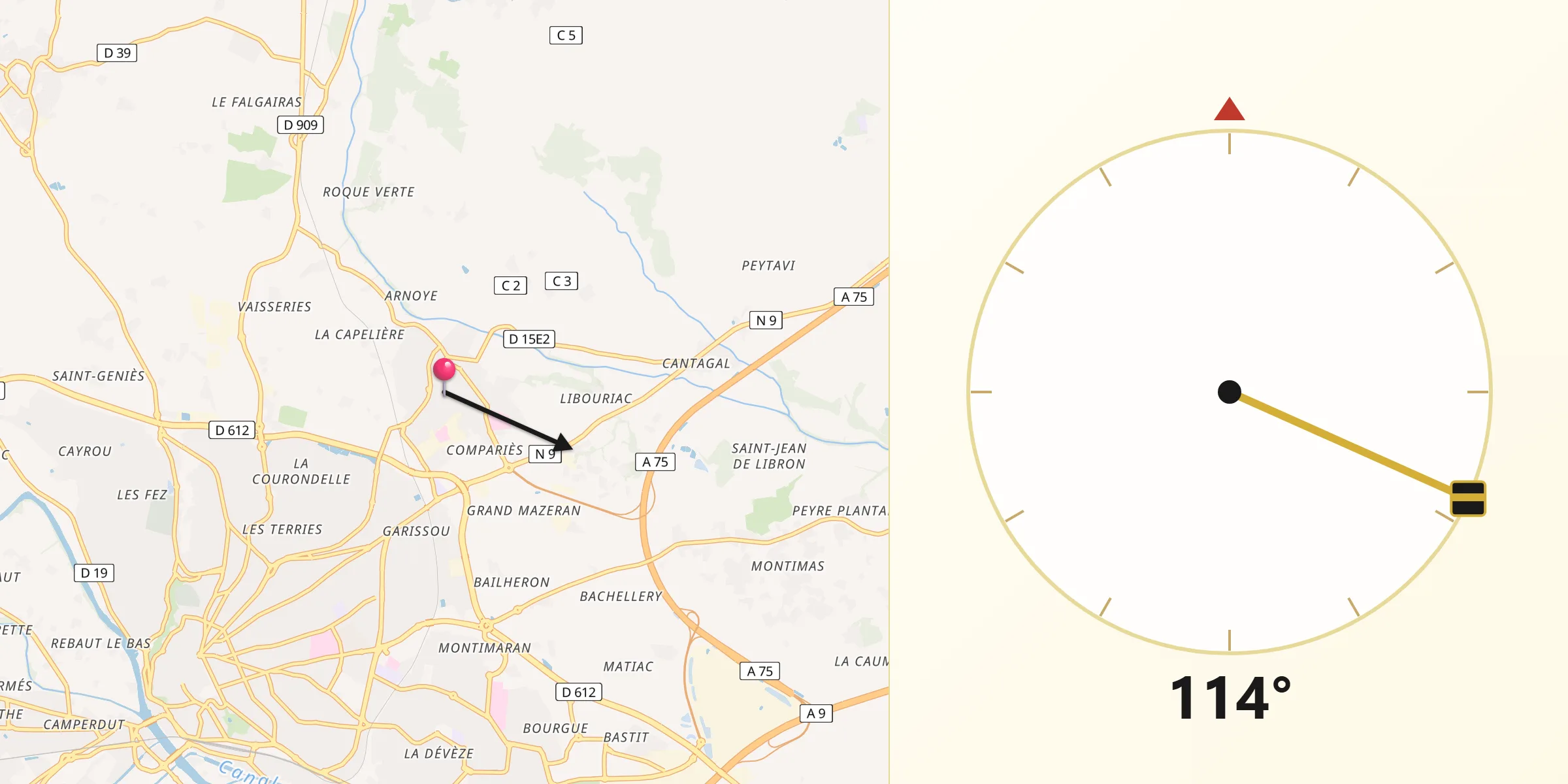 Direction vers la Qibla depuis Boujan-sur-Libron