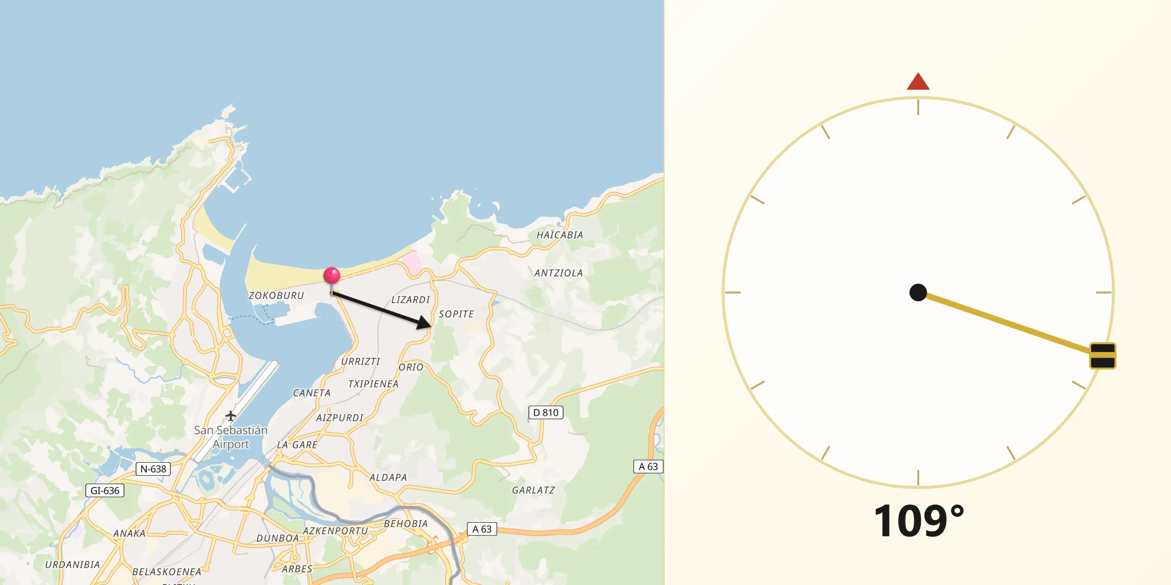 Direction vers la Qibla depuis Hendaye
