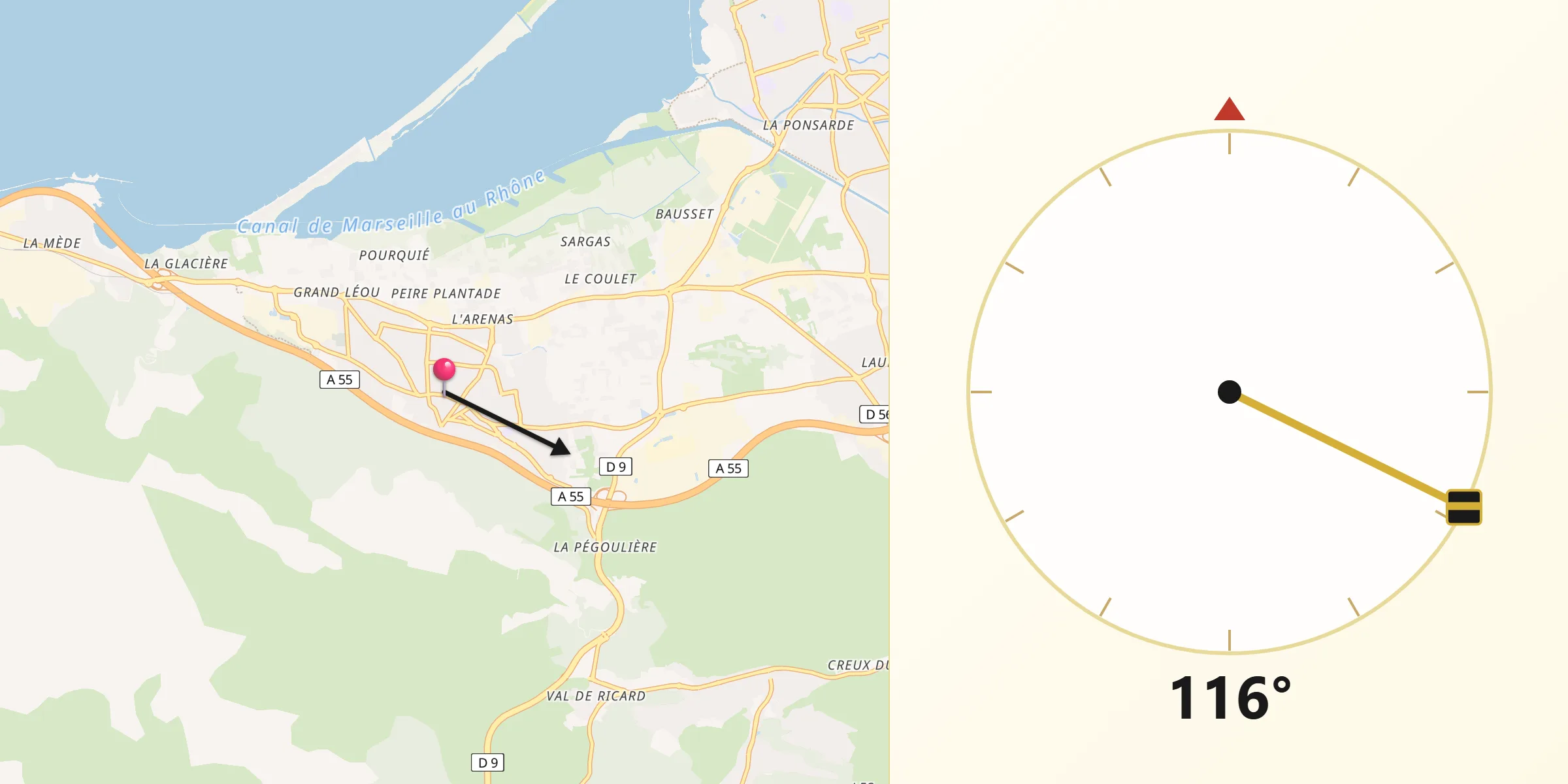 Direction vers la Qibla depuis Châteauneuf-les-Martigues