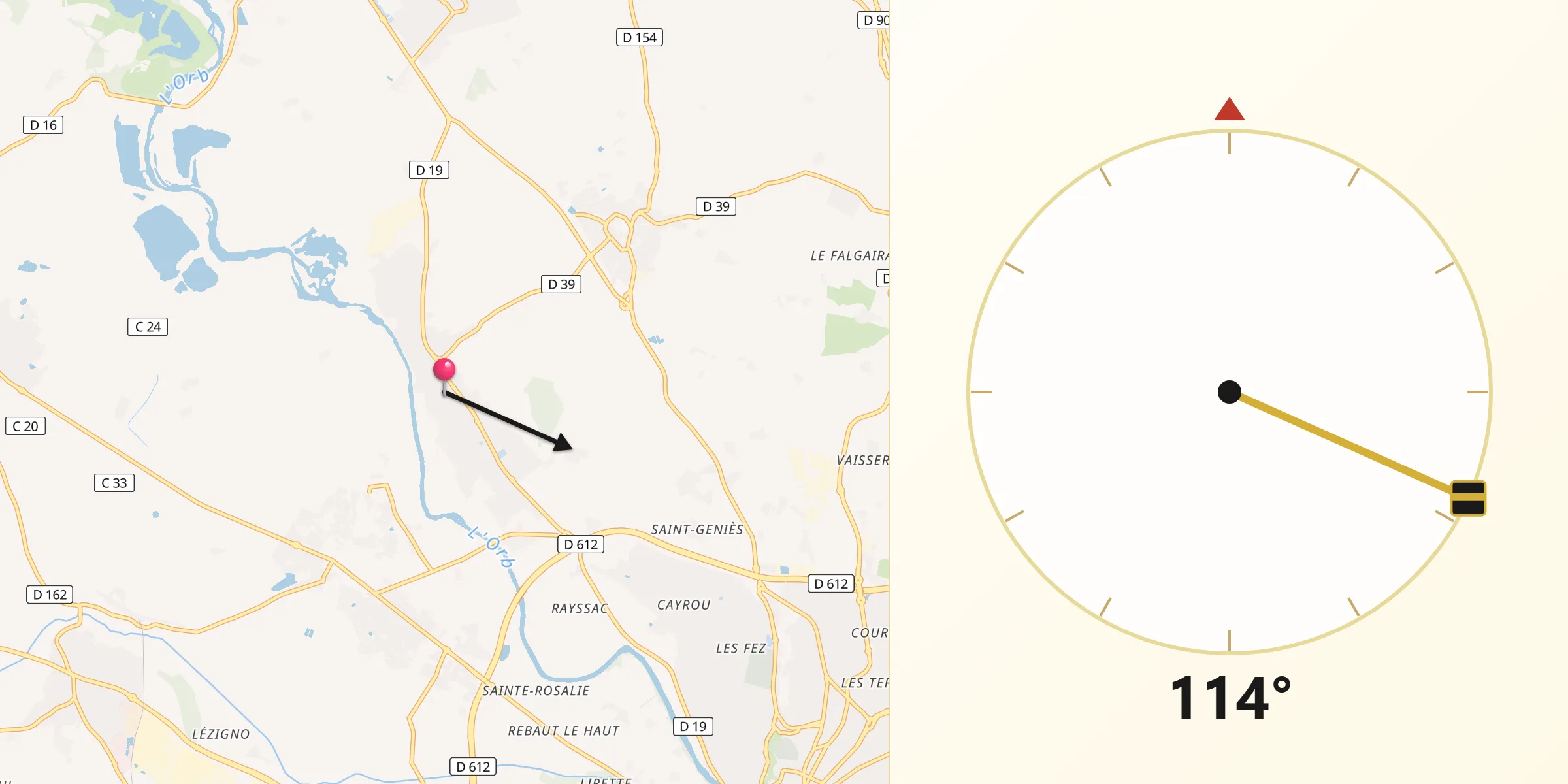 Direction vers la Qibla depuis Lignan-sur-Orb
